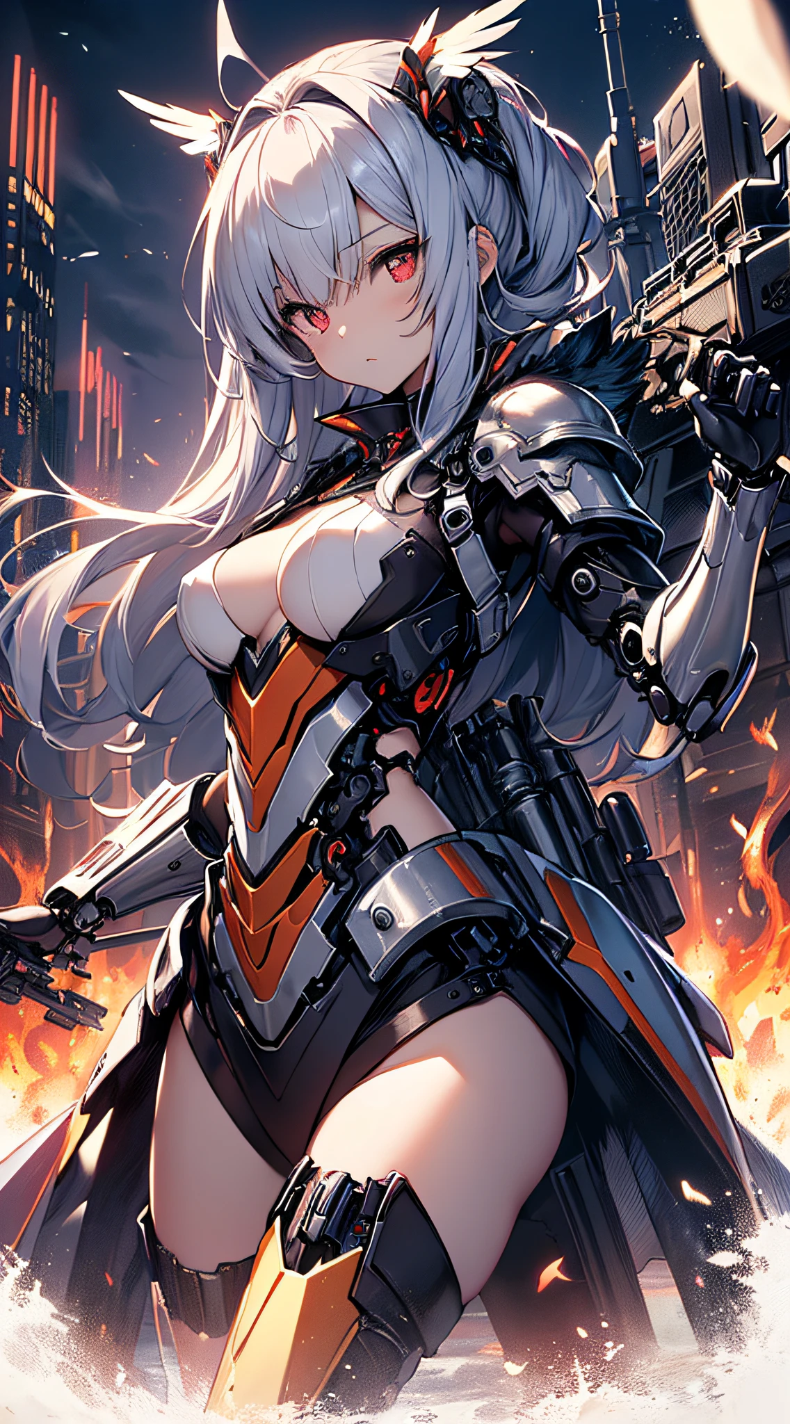 top-quality、Top image quality、masterpiece、girl with((red and black mechanical body armor、silver mechanical arm with machine gun、silver leg arms、Shining red body line、sixteen years old、 ager、cute little、Best Bust、big bast,Beautiful shining red eyes、Breasts wide open, Blue-haired、red mechanical wing,Longhaire、A slender,Large valleys、belligerent movements,)),hiquality、Beautiful Art、Background with((Midnight City、Pillar of fire、fluttering white feathers)))、,masutepiece、depth of fields,Cinematic style
