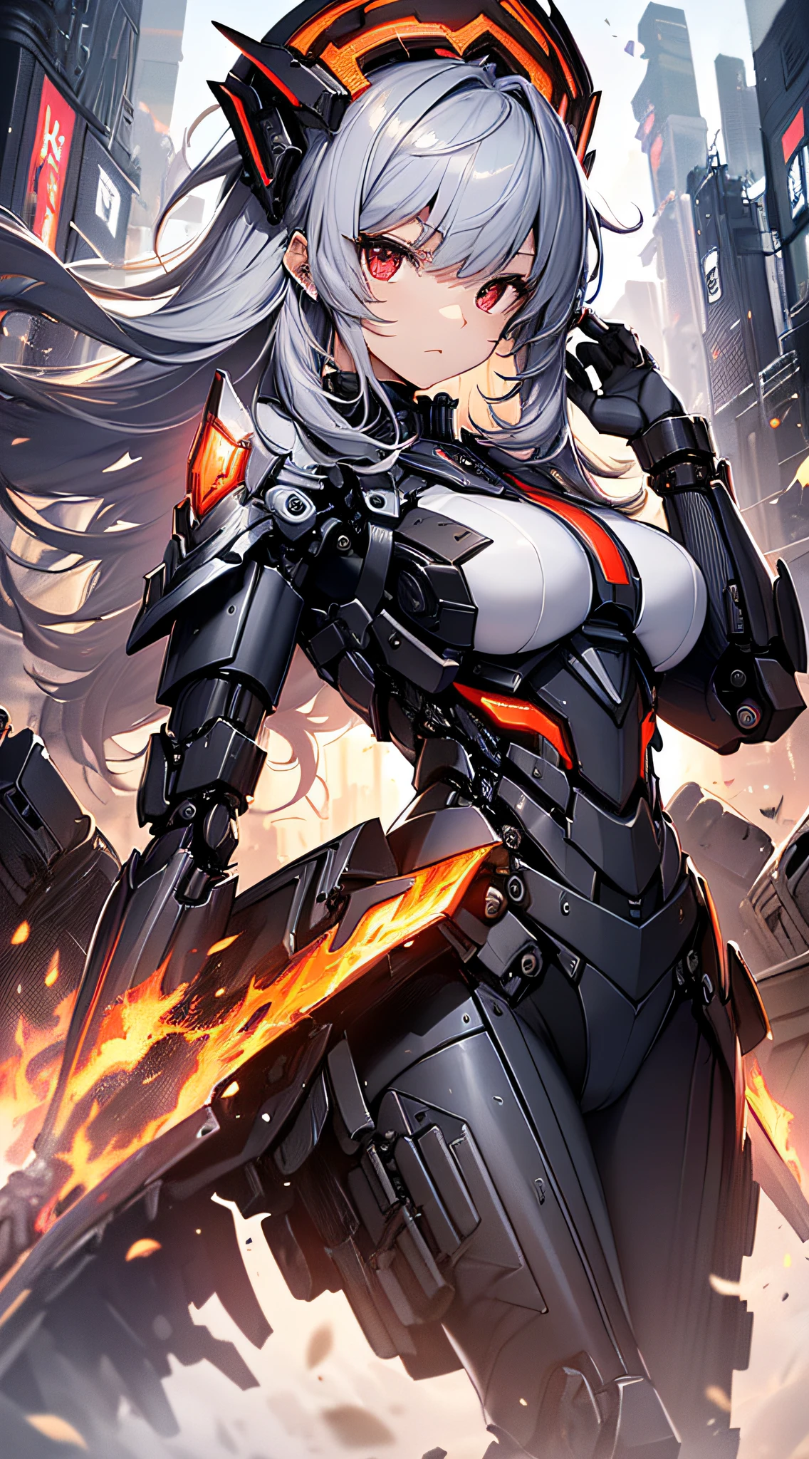 Top quality, masterpiece, highly detailed 8k wallpaper, female robot, mechanical joint limbs, the whole body is covered with heavy mechanical armor, connected cables, tubes connecting the body, long white hair, huge armor on both shoulders, huge thrusters on the hips, open stance, depiction from knees to head, floating mechanical fortress, (Sharp-angled headgear on both sides of the head:1.2), (Mechanical Giant Black Halo: 1.2), backpack weapon, Black Giant Weapon, Black Giant Canon, Black Giant Laser Rifle, Mechanical Nuclear Giant Rifle,