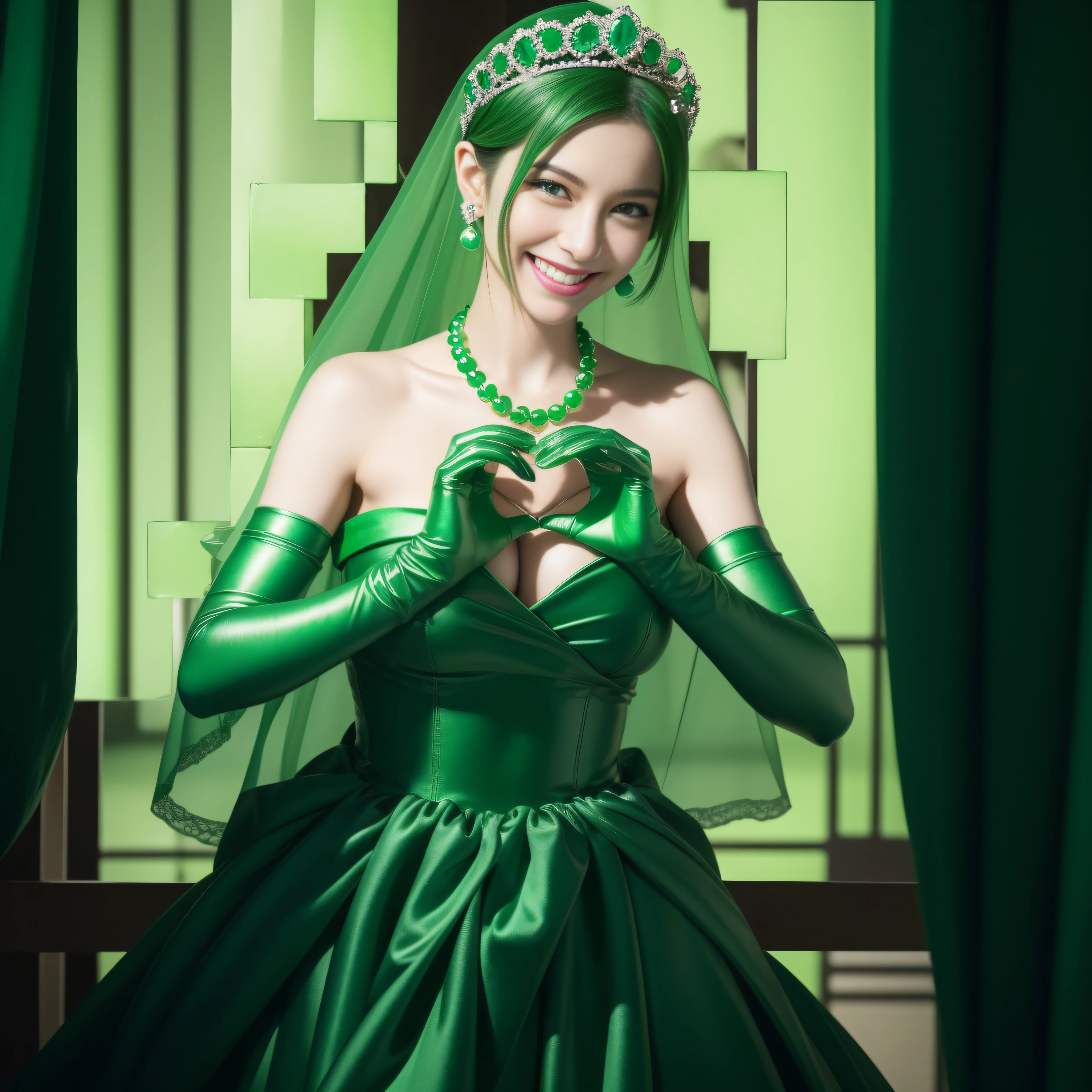 emerald tiara, Green Pearl Necklace, Boyish very short green hair, lipsticks, Japan woman smiling, very short short hair,  big breasts beautiful, Green eyes, Long green gloves made of satin material, Green eyes, Emerald Earrings, green vale, Heart with both hands