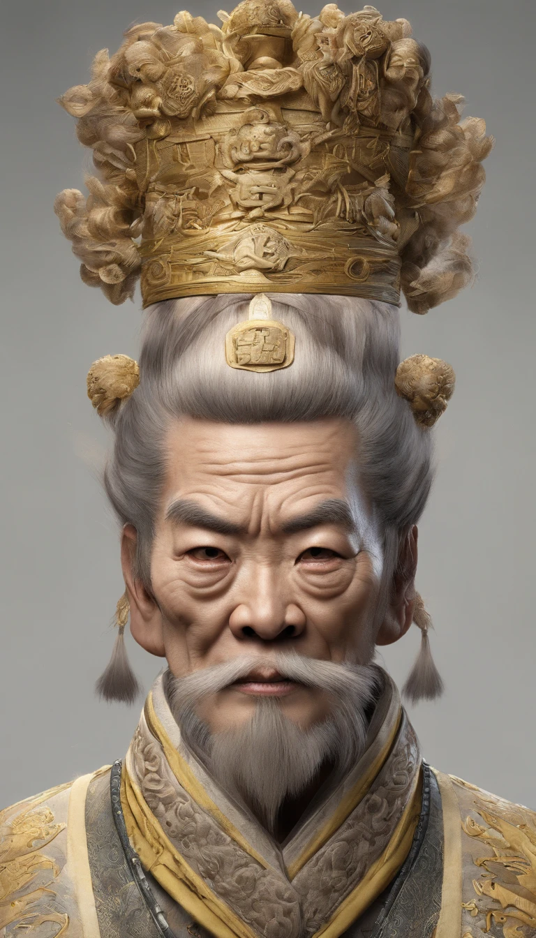 Chinese old man,Frontal portrait of ancient Chinese figures(Portrait of Emperor Xuanyuan 1.0),(Close-up 1.5),Audience visual inspection(facing at the camera),The heavenly court is full,The floor is square circle,White haired man,hair-bun,no headwear,hair tying up。(Zhang Sanfeng)yellow clothing。solid color backdrop(Drawing paper texture 1.5)。真实感。hyper HD, retinas, tmasterpiece, Acura, Anatomically correct, Award-Awarded, high high quality, high detal, super detailing, ctextured skin, Best quality at best, A high resolution,k hd, 4K, 8K, 16k。