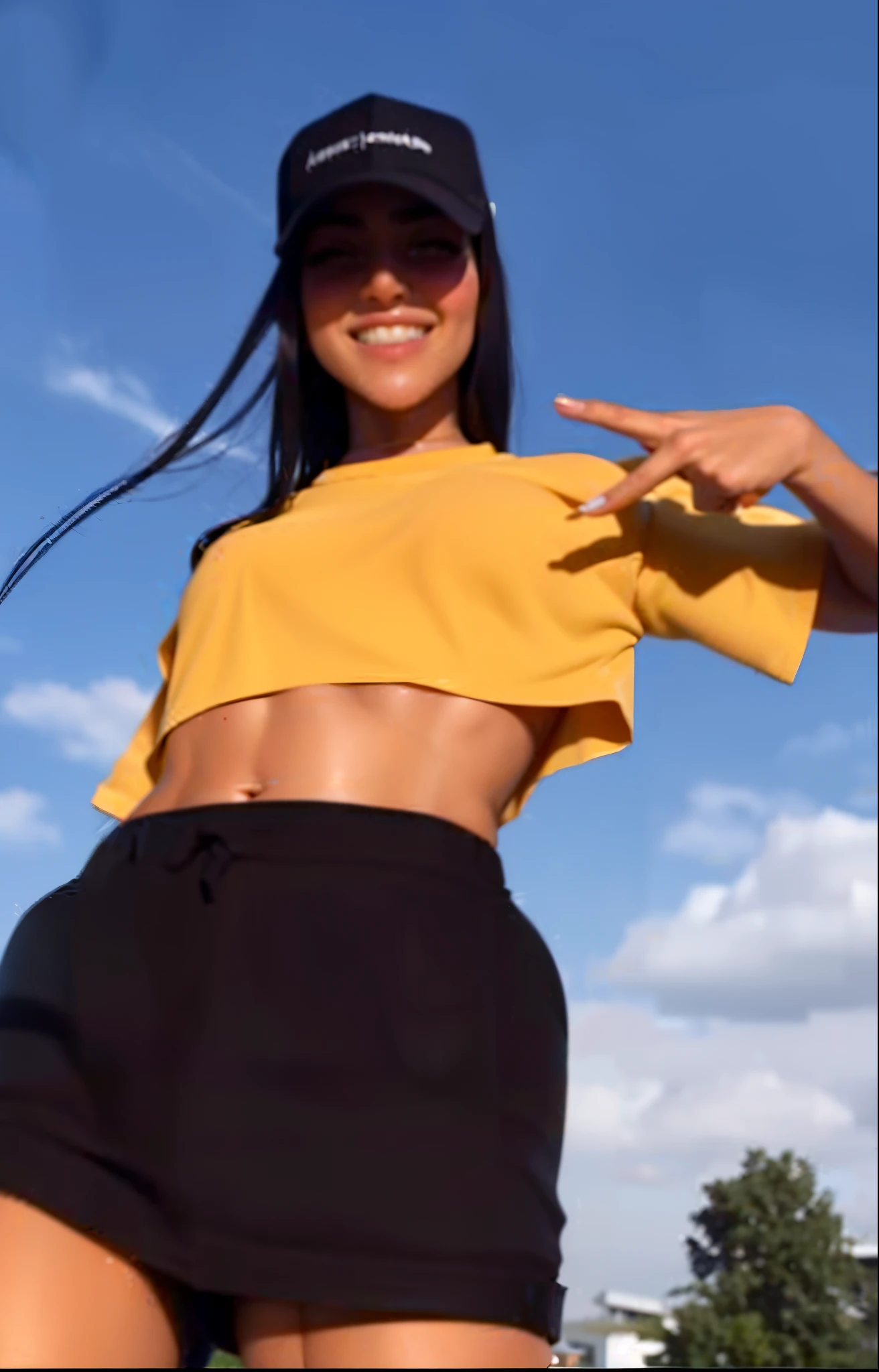 mulher araffe com camisa amarela e short preto segurando um frisbee, her navel is exposed, vestindo croptop amarelo, usando um top cropped sexy, tinyest midriff ever, umbigo mostrando, Camisa de corte e abdominais fortes, usando um crop top, her hand is on her waist, physical : tinyest midriff ever, low quality video