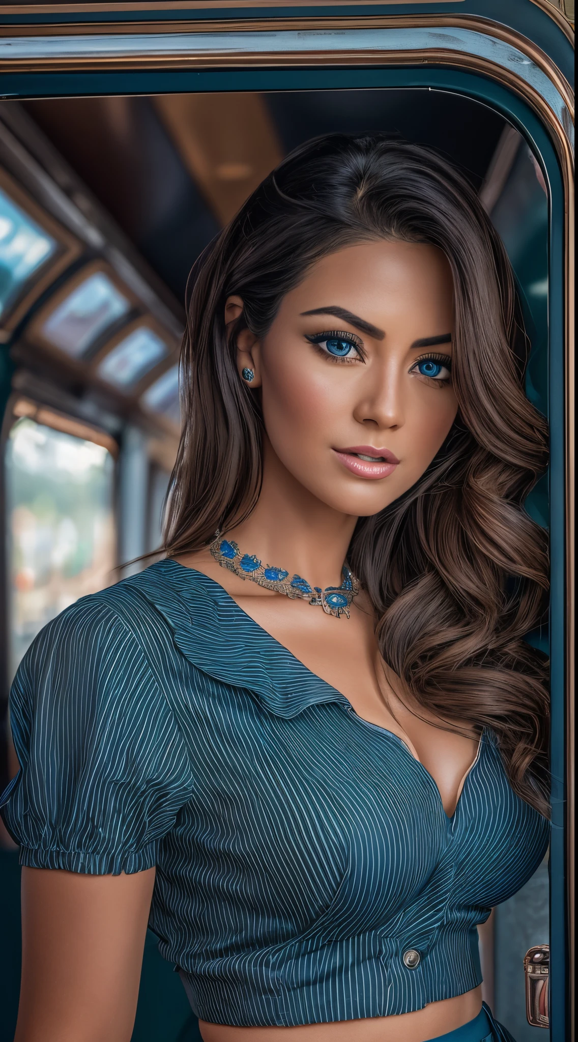 Hyper realistic and detailed picture of one adult beautiful seductive woman, 32 year old, posing in the vintage train, wearing a blue short high waist skirt, (perfect big almond-shaped eyes), square jawline , (Eye makeup:1.1), (highly detailed skin:1.1), (perfect long boobs), (extravagant long beautiful hair), biting lip, RAW, analog style, sharp focus on woman, (blurred background) , 8k UHD, DSLR, high quality, Fujifilm XT3, grain, award winning, masterpiece.