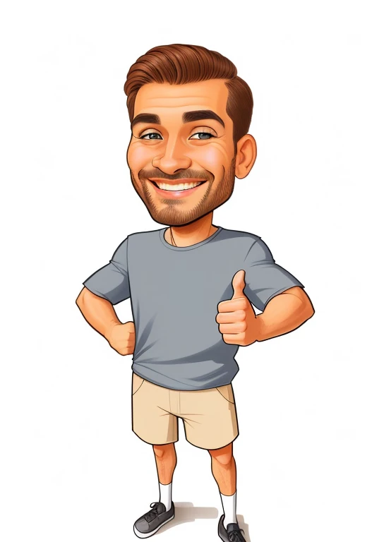 homem de desenho animado com polegares para cima e uma camisa cinza, fazendo um polegar para cima, Cartoon style illustration, retrato dos desenhos animados, Jovem com short, High quality illustration, in cartoon style, polegar para cima, estilo caricatura, caricature illustration, arte dos desenhos animados, dando um polegar para cima, dando os polegares para cima, estilo vetorial cartunesco, giving a thumbs up to the camera