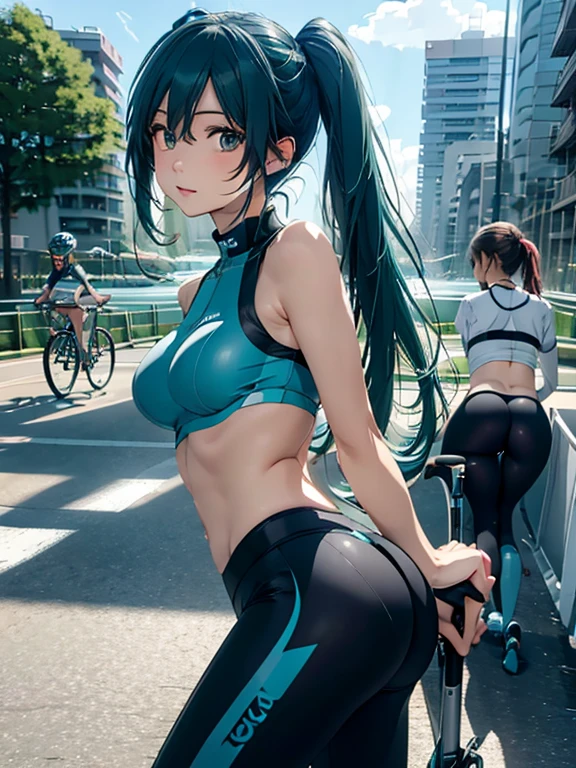 miku hatsune,bicycle,Racer Pants,Beautiful breasts,stick out buttocks,Leaning on the bike