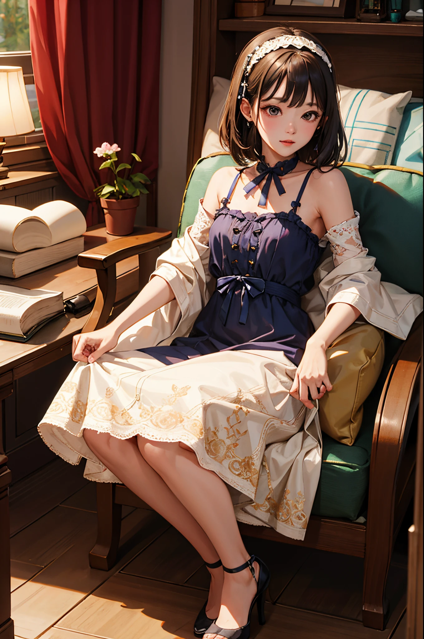 (Masterpiece: 1.1), (Best Quality, Ultra Resolution: 1.0), (8K Resolution: 1.2), (Photorealistic, Ultra Detail, Clear Focus 1:0), (Original Photo, Lighting: 1:1), BREAK detailed reflecting eyes by professional digital painting, beautiful pretty cute small face, BREAK 1girl, Chinoiserie long Dress, black Midi Frill Petticoat, Ribbon Bijoux hairband, Jacquard Separate Pumps