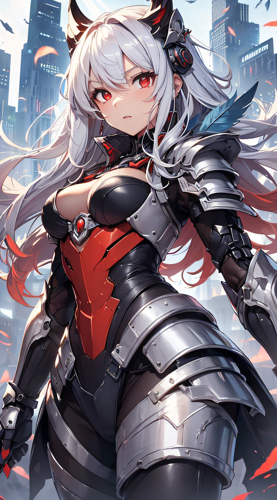 top-quality、Top image quality、​masterpiece、girl with((red and black mechanical body armor、silver mechanical arm with machine gun、silver leg arms、Shining red body line、、teen ager、cute lit Bust、big bast,Beautiful shining red eyes、Breasts wide open, Blue-haired、Red mechanical wing,Longhaire、A slender,Large valleys、belligerent movements,Heavy equipment、heavily armored)),hiquality、Beautiful Art、Background with((Midnight City、Pillar of fire、fluttering white feathers)))、,masutepiece、depth of fields,Cinematic style