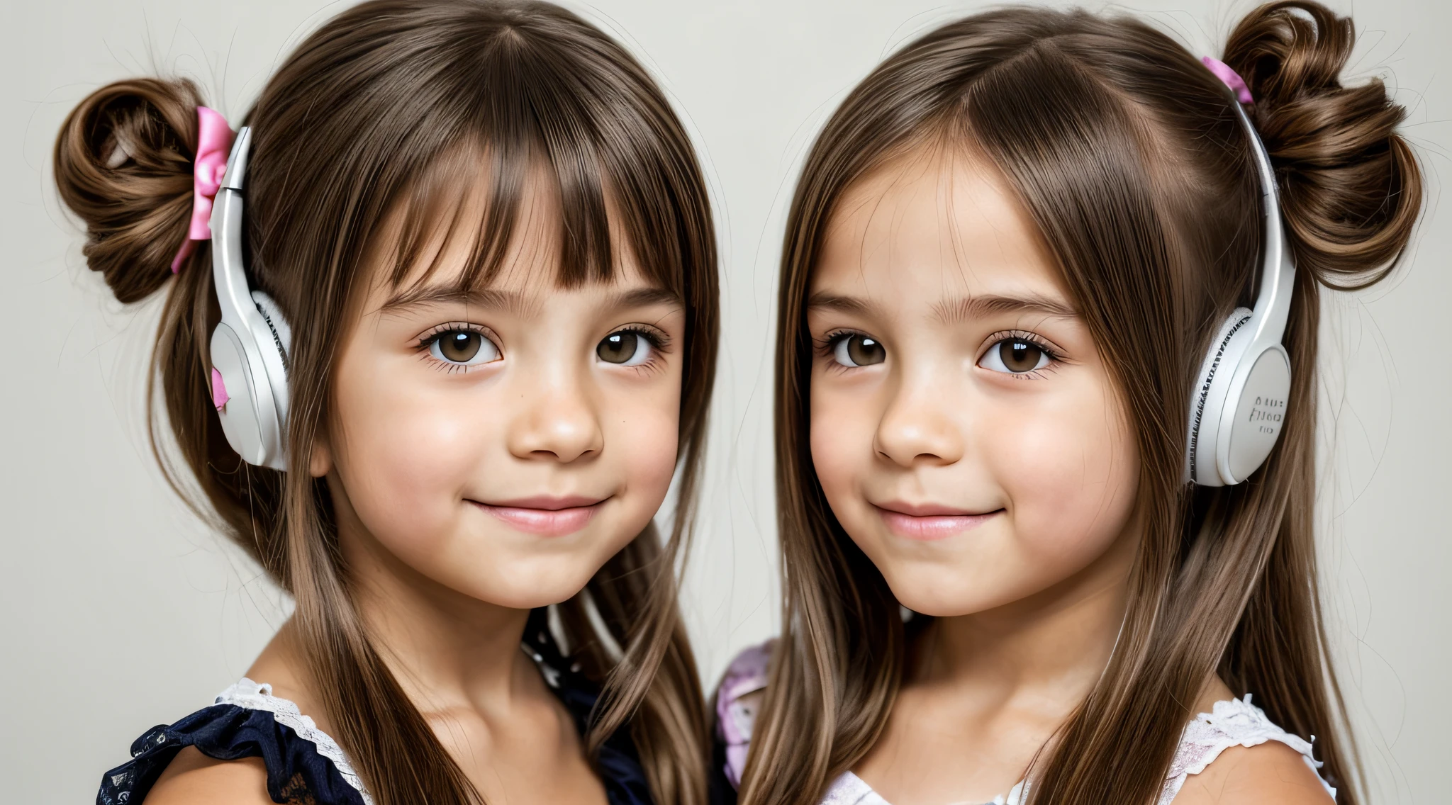 two girls with bows on their heads and one wearing a BLACK dress, HEADPHONES beautiful gemini twins portrait, beautiful gemini twins, foto de retrato em close-up, childrens, meninas fofas, childrens, Looks doces, Beautiful girls, Gorgeous features, dois penteados pigtails, Retrato CloseUp, twins, Duas meninas, garotada, lindo bonito, faixa de cabelo AMARELO,