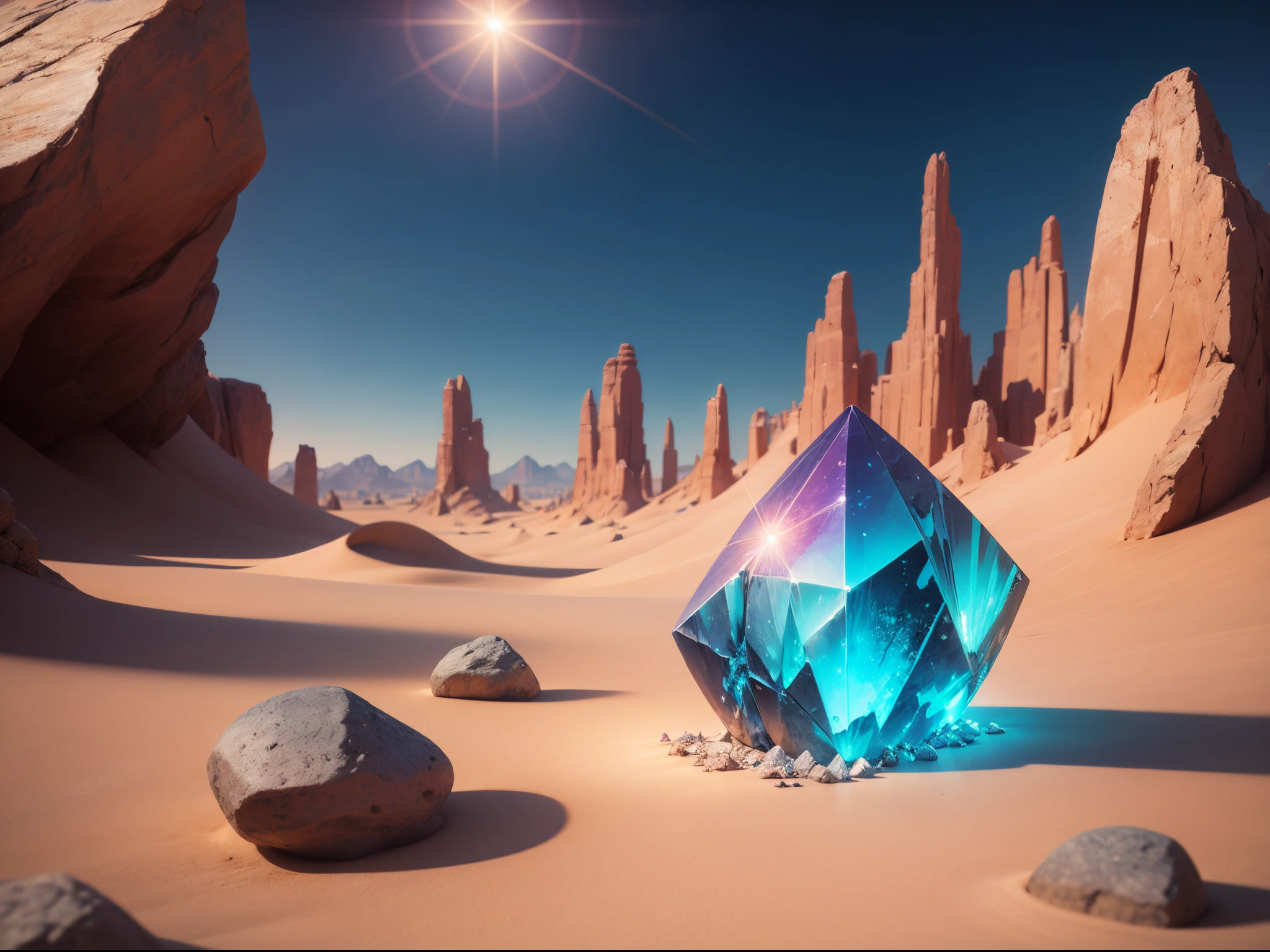 there is a crystal on a rocky surface in the desert, gorgeous 3d render, anamorphic lens flare, diamond prisms, [ shards, concept art 8 k resolution, at night, by Kieran Yanner, animated cinematography, ( ( ( ( 3 d render ) ) ) ), trending on artstattion, large arrays data holograms