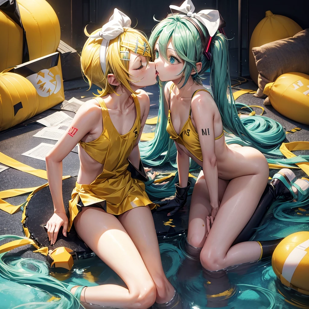 2 girls, (Hatsune Miku), long hair, (((Kagamine Rin, yellow bobcut))), cute, naked, (curvy body:0.5), (plump body:0.5), small breasts, long hair, ((deep kiss