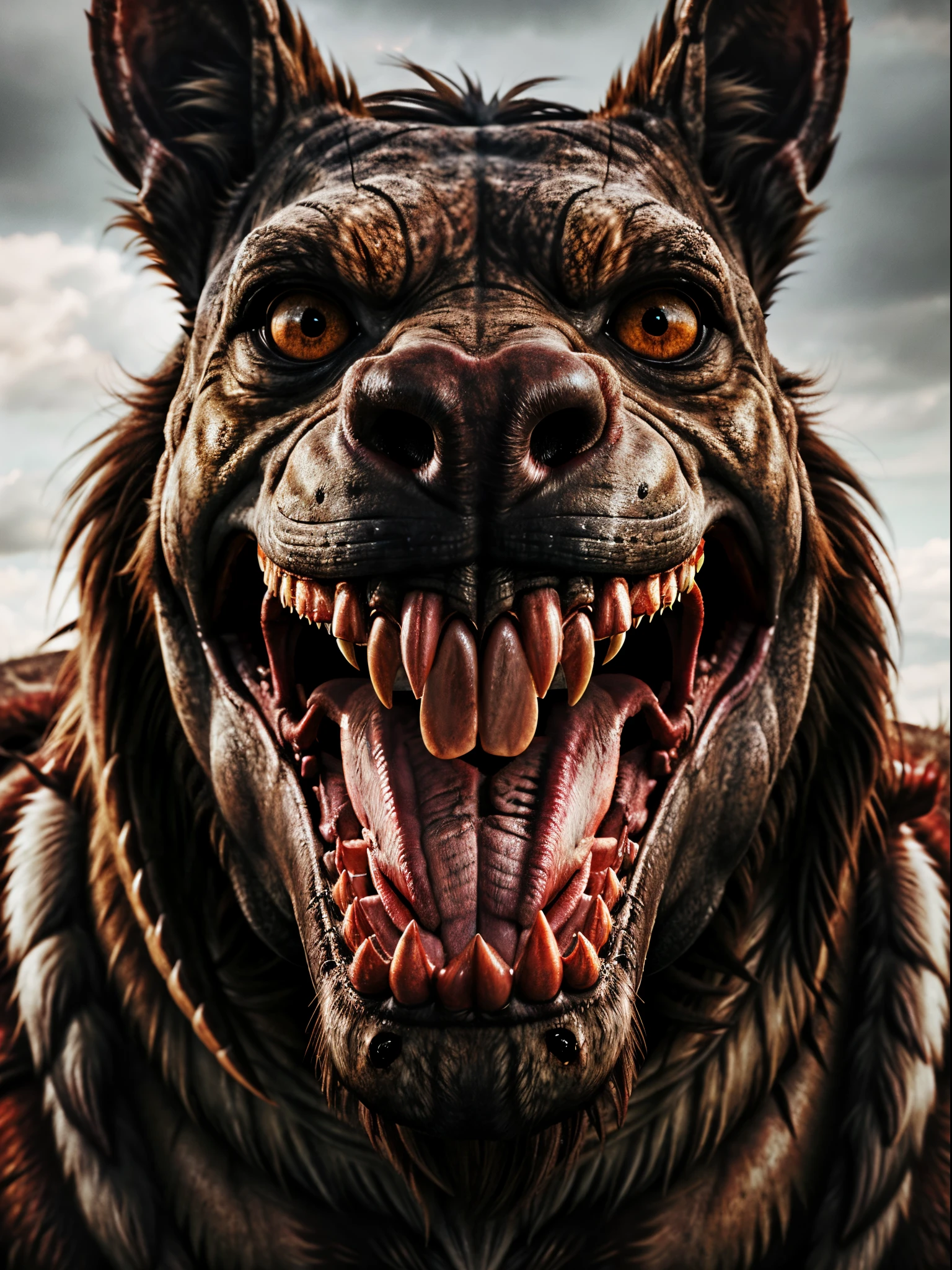 Photorealistic, a colossal prehistoric predator showing teeth very aggressively, a terrifying aura, evil eyes and bloody fur.