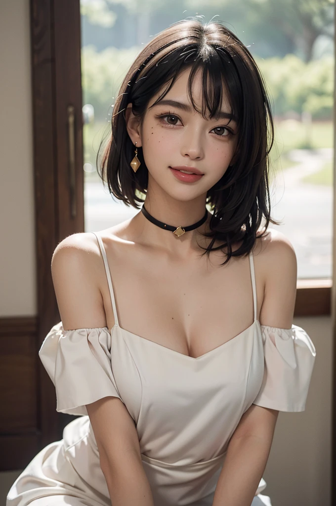 (Masterpiece: 1.3), (8k, Photorealistic, RAW Photo, Best Quality: 1.4), (1girl), Beautiful Face, (Realistic Face), (Black Hair, Short Hair: 1.3), Beautiful Hairstyle, (Bangs), (Smile), Smile, Realistic Eyes, Gloss, Highlights, Highlights in the Eyes, Eyelashes, Beautiful Detail Eyes, (Realistic Skin), Beautiful Skin, Transparency, Off Shoulder, Red knit, blue knit, black shoulder strap, shoulder strap, thick choker, bust, smile, tooth, absurdity, attractive, ultra high resolution, ultra-realistic, high definition, golden ratio, crystal clear eyes, wet, mole, gaze on camera, ears, sparkle, long neck, double eyelids, big eyes, cheeks, gentle character, attractive personality, gentle, touching, overwhelming charm, bright personality