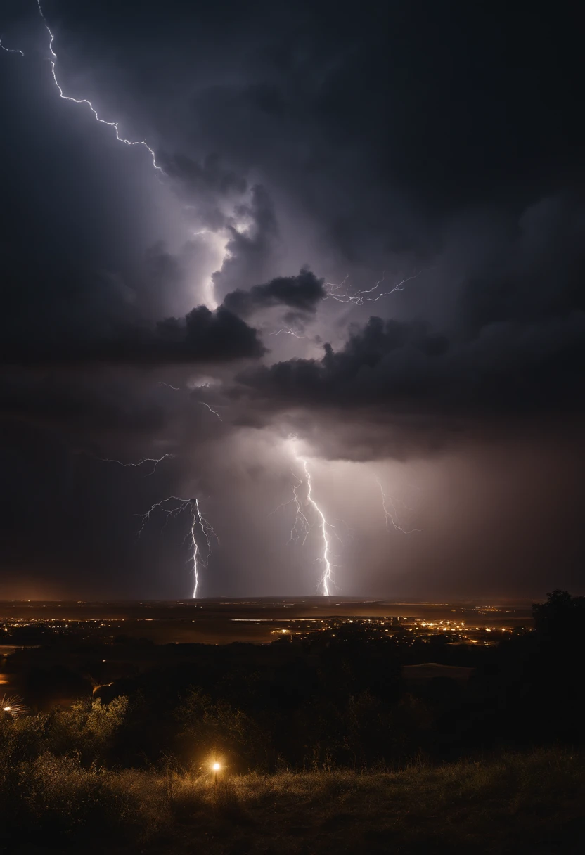 A visually pleasing composition of electric bolts forming a lightning storm in the background, with the bolts illuminating the sky in a dramatic and atmospheric manner.