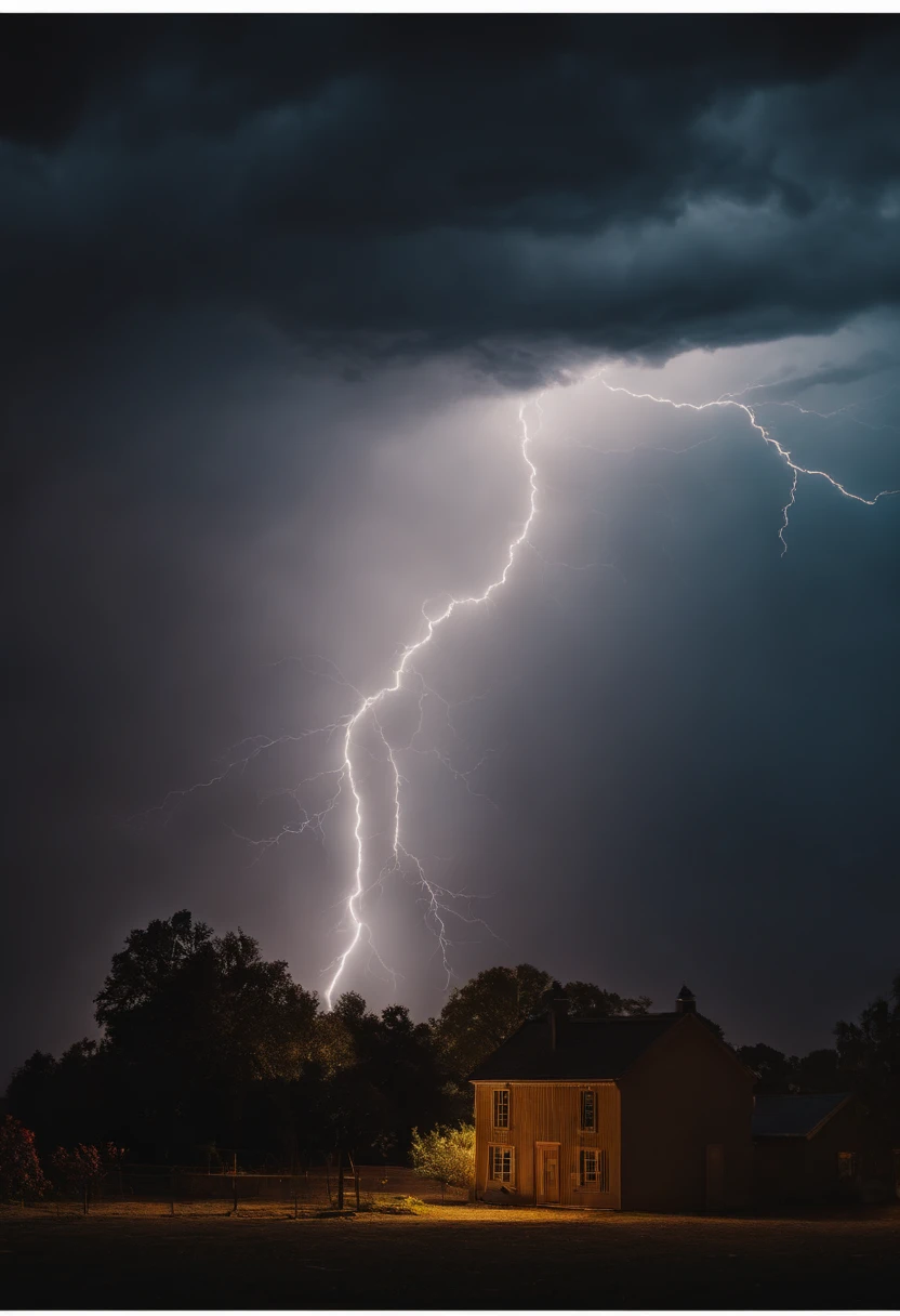 A visually pleasing composition of electric bolts forming a lightning storm in the background, with the bolts illuminating the sky in a dramatic and atmospheric manner.
