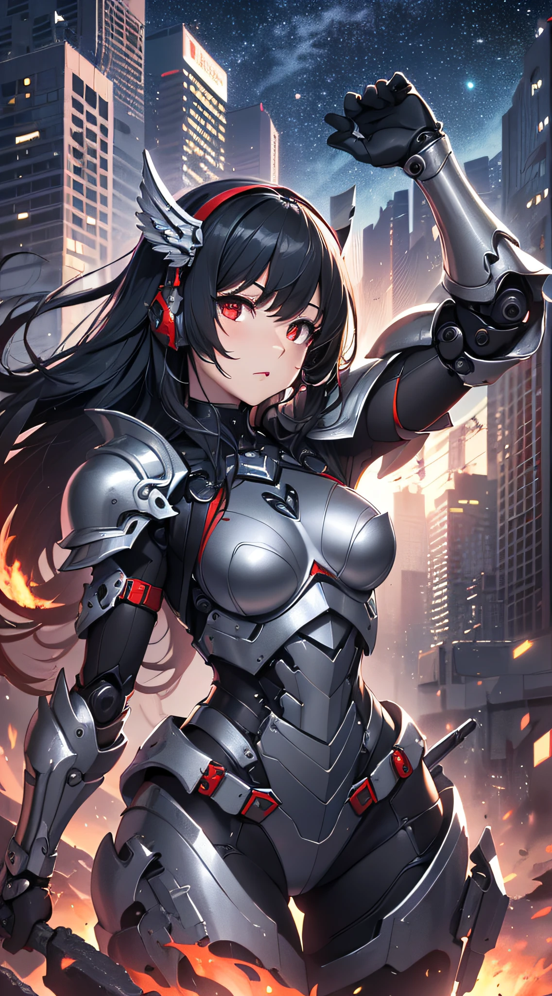 top-quality、Top image quality、masterpiece、girl with((red and black mechanical body armor、silver mechanical arm、silver leg arms、Shining red body line、sixteen years old、teen ager、cute little、Best Bust、big bast,Beautiful shining red eyes、Breasts wide open, Black hair、Red mechanical wing,Longhaire、A slender,Large valleys、belligerent movements,Heavy equipment、heavily armored、machine gun arm、sword arm)),hiquality、Beautiful Art、Background with((Midnight City、Pillar of fire、)))、,masutepiece、depth of fields,Cinematic style