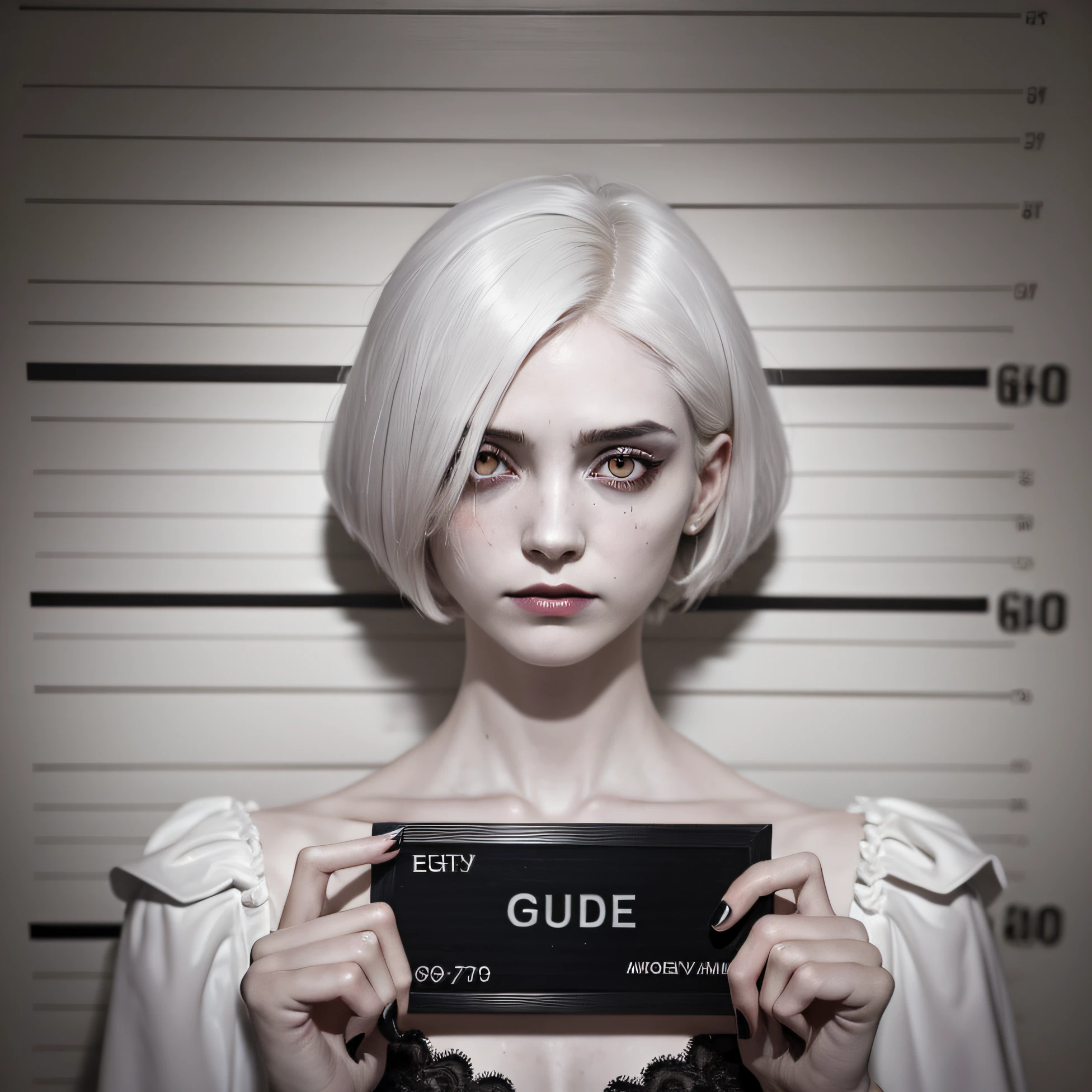 corpse, sinister, female, thin, pale, looking at the camera, ultra realistic, fully detailed, cemetery environment, bright eyes, white dress torn and stained with blood, bones exposed, putrid wounds, sensual, terrifying, bruised by the body, exposed fracture in the collarbone, slight smile, super detailed, white eyes,gun shots in the body, short white hair,