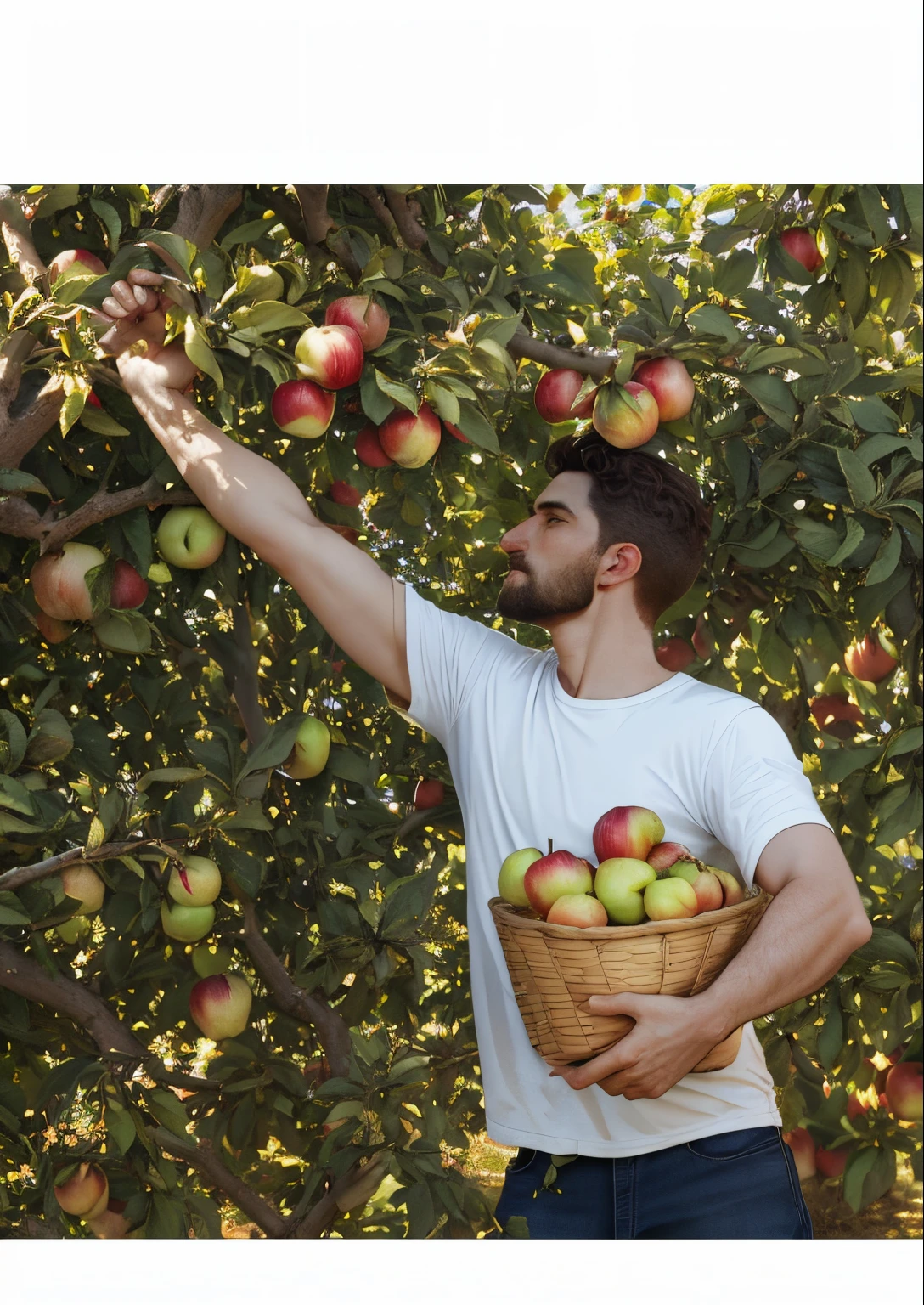 Adam in Eden garden, nude, holding an apple, leaning on a big apple tree, melancholy sad face