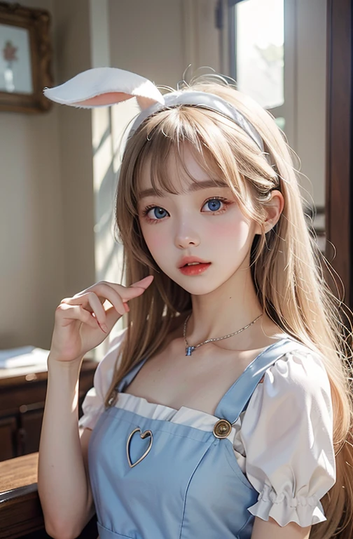 top-quality、超A high resolution、a picture、a photo of a cute girl,Rabbit ears、Detailed cute and beautiful face、(pureerosface_v1:0.008)、Beautiful bangs、alice in the wonderland、14years、White shiny skin、By bangs、Platinum blonde hair is extra-long, Straight hair is silky and smooth、finer hair、Attractive beautiful crystal clear blue eyes、White Apron、a blue dress、No makeup