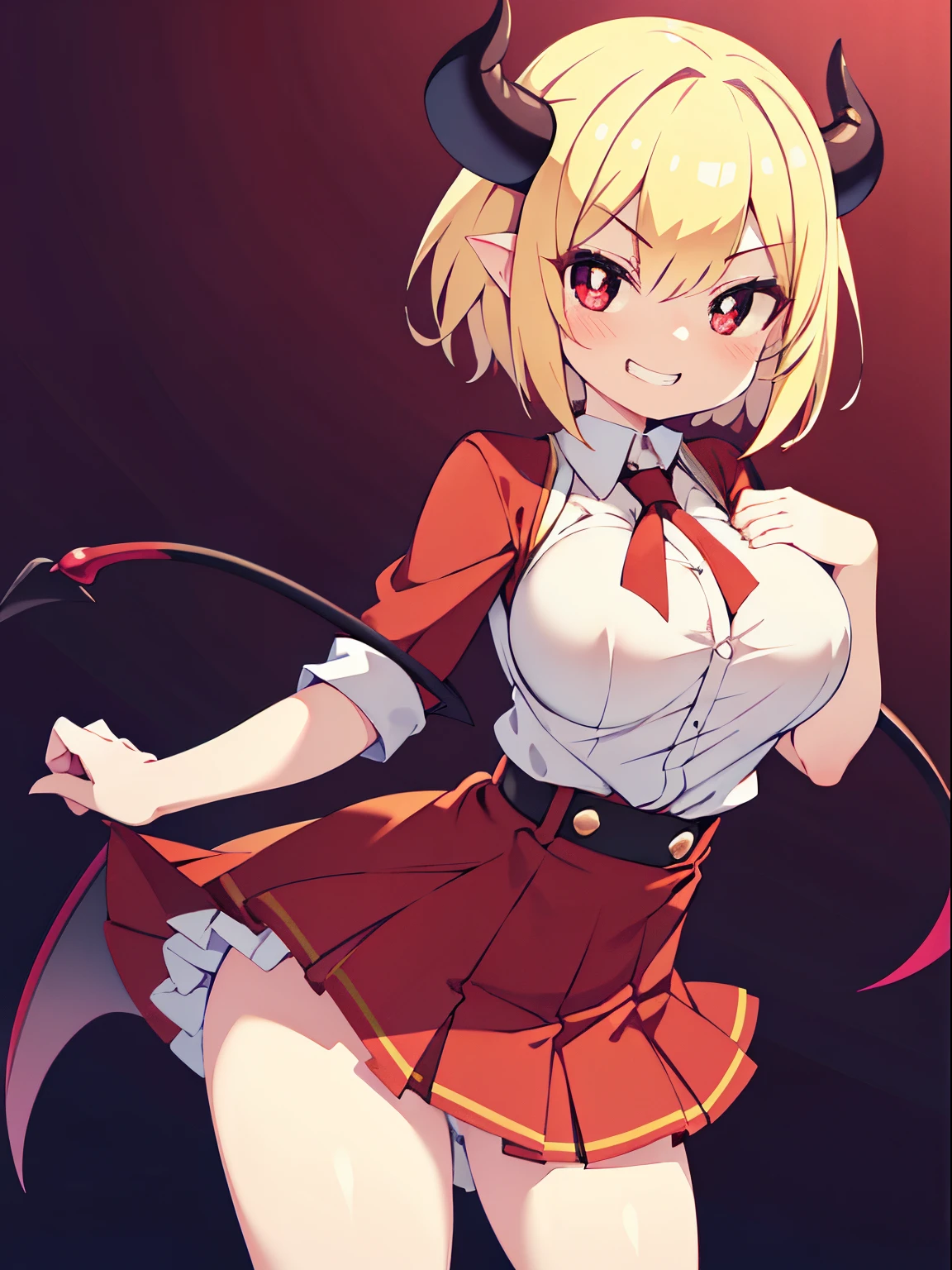 Front Focus, succubus, 1girl, solo, Best Quality, succubus school uniform, red clothes, contrapposto, layered skirts, short hair, blonde hair, shiny hair, white pupils, grin, smirk, big breasts, stylish pose, frilled dress, cute, devilish face,