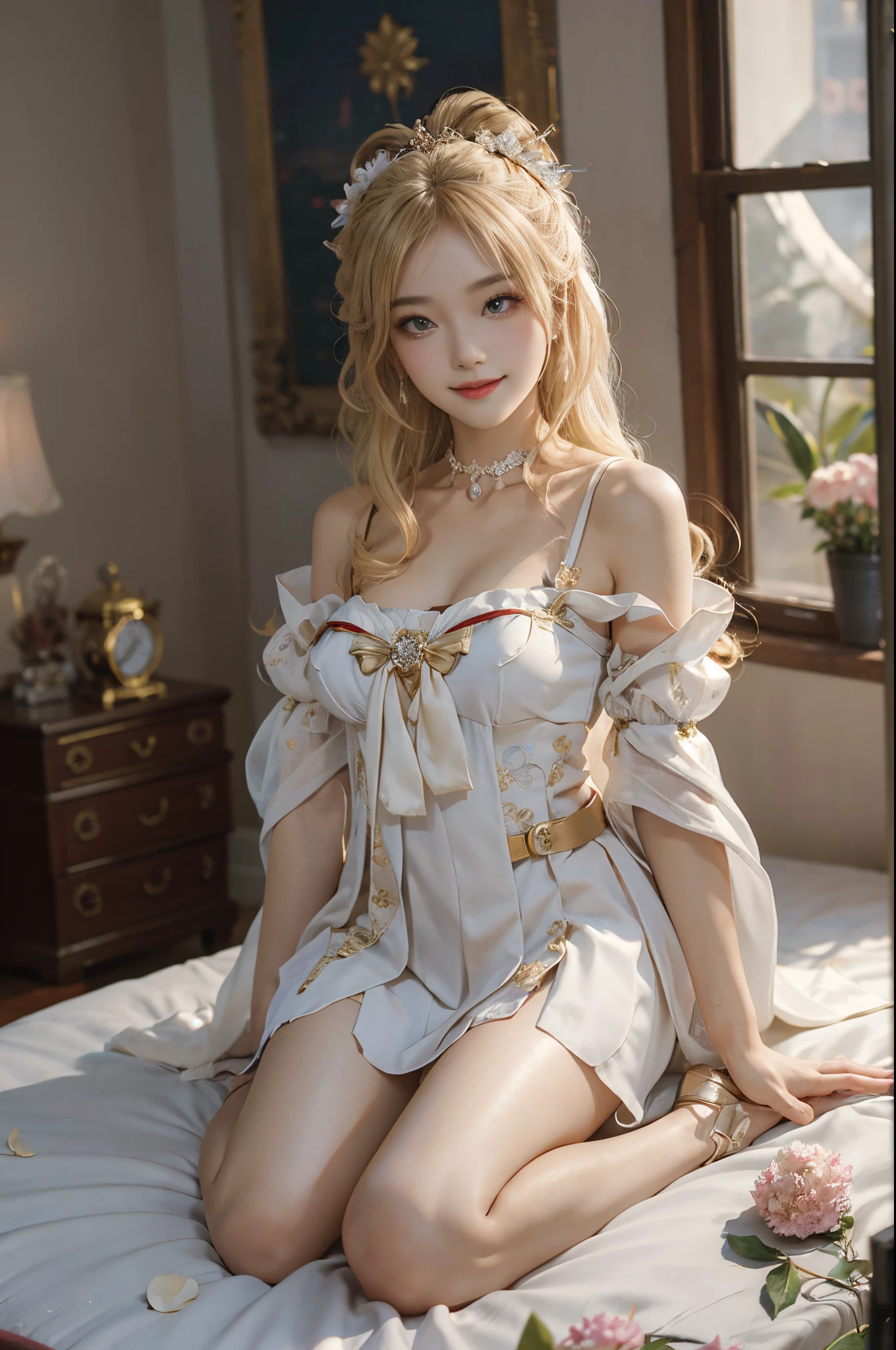 ((actual)), A young girl, beuaty girl, Beauty in period costume, Hanfu, Draped in silk, Flower, high-waist, nice belt, cropped shoulders, Slim, Slimming the waist, high-heels, the shy, grinning smile, ear nipple ring、choker necklace、hair pin，heavy  makeups，Gorgeous eye makeup，Extremely beautiful eyes, coiffed blonde hair, curlies, long and flowing hair, early evening, eventide, inside in room, Pose for photos in bed, Lift the skirt, Pose gracefully, Random shooting angle, warmly lit, Warm color palette, profesional lighting, フォトンマッピング, Radio City, physically-based renderingt, RAW photogr, Best quality at best, beauitful face, Beautiful skins， Attractive， 超高分辨率， ultra real photo