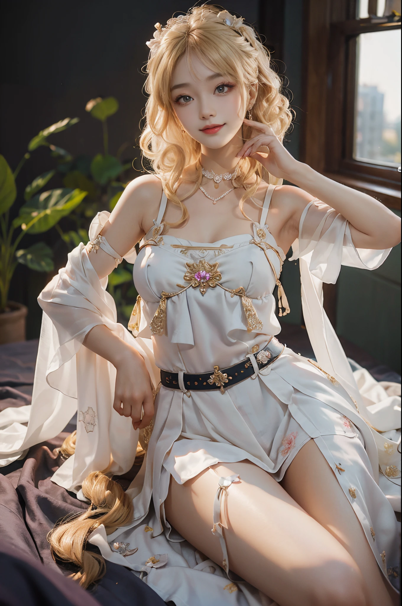 ((actual)), A young girl, beuaty girl, Beauty in period costume, Hanfu, Draped in silk, Flower, high-waist, nice belt, cropped shoulders, Slim, Slimming the waist, high-heels, the shy, grinning smile, ear nipple ring、choker necklace、hair pin，heavy  makeups，Gorgeous eye makeup，Extremely beautiful eyes, coiffed blonde hair, curlies, long and flowing hair, early evening, eventide, inside in room, Pose for photos in bed, Lift the skirt, Pose gracefully, Random shooting angle, warmly lit, Warm color palette, profesional lighting, フォトンマッピング, Radio City, physically-based renderingt, RAW photogr, Best quality at best, beauitful face, Beautiful skins， Attractive， 超高分辨率， ultra real photo