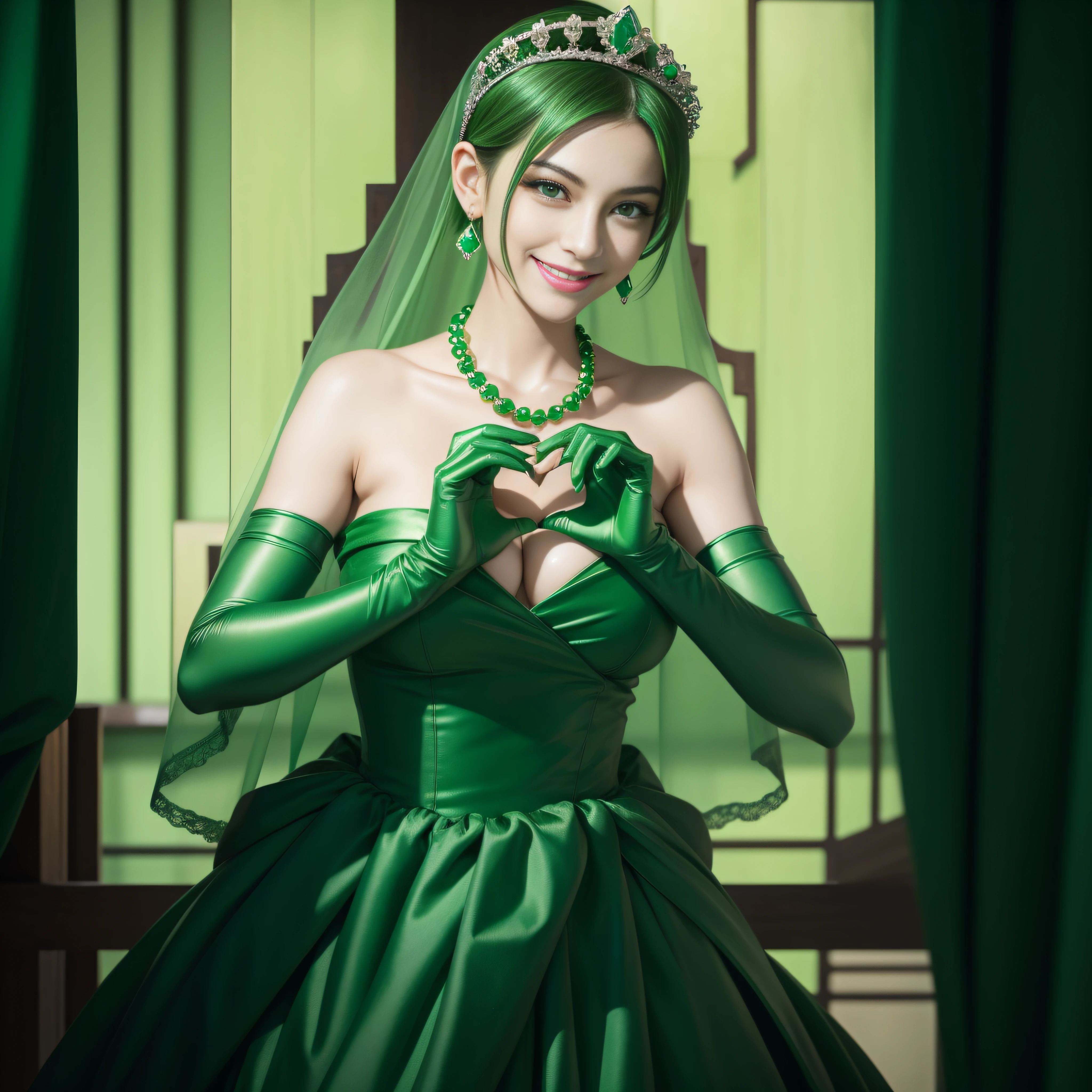 emerald tiara, Green Pearl Necklace, Boyish very short green hair, lipsticks, Japan woman smiling, very short short hair, big breasts beautiful, Green eyes, Long green gloves made of satin material, Green eyes, Emerald Earrings, green vale, Heart with both hands