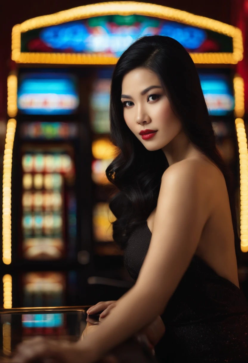 a young asian woman, bitter white skin, Release of long shiny black hair, sit in front of a slot machine, in hotel hallway.