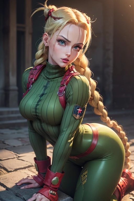 Cammy white da street fighter,(best quality, 4K,8k,high resolution,work of art:1.2)(weather: sunny), boxing gym, boxing ring, high kick stance, long braided hair, blonde hair, harness, leotard, garrison cap, gloves, boots, ultra detailed,realistic,beautiful detailed blue eyes, beautiful detailed lips,extremely detailed eye and face, long eyelashes,average,large breasts,flying hair,beaming smile, cute smile, powerful girl, bright coloured, dramatic lighting, wet body,