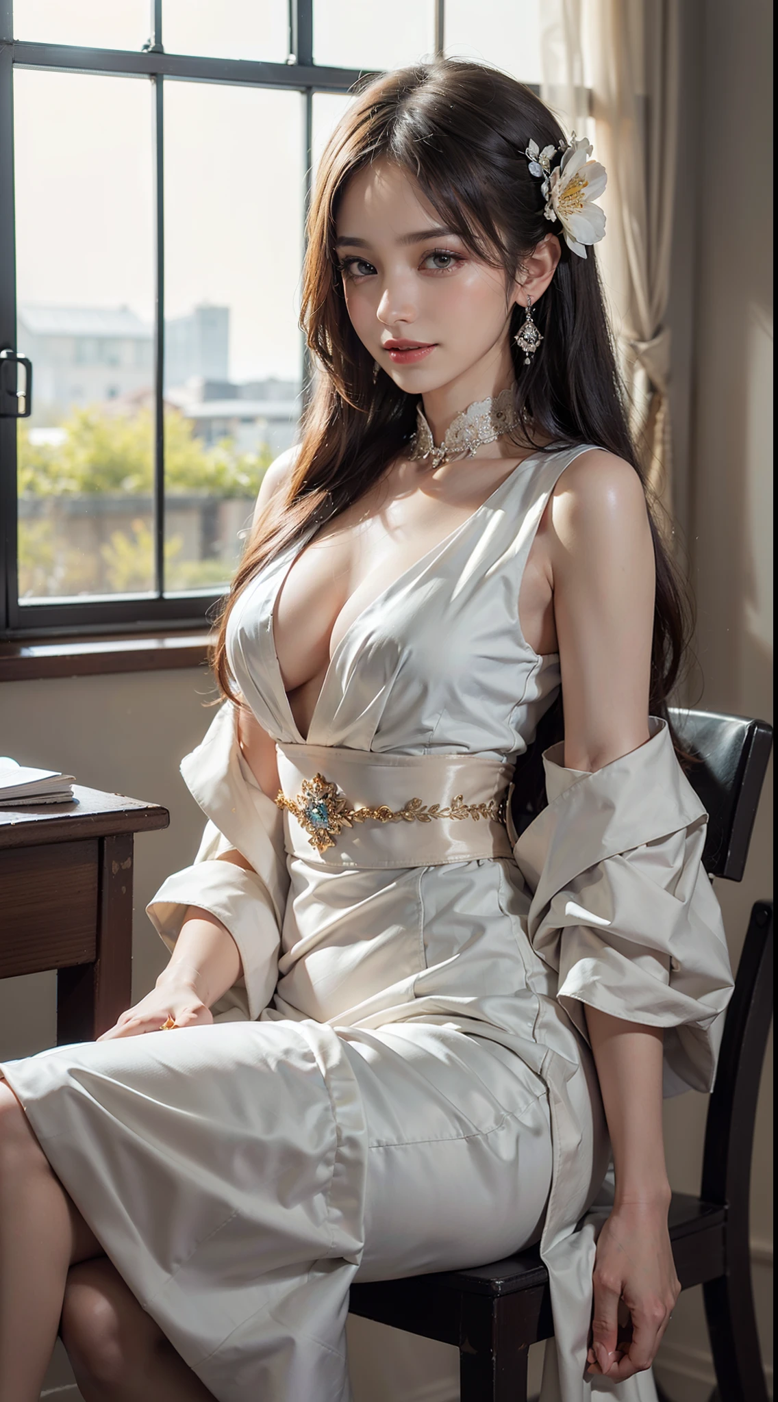 ((Knee Shooting)), (Shot from a frontal angle), A young girl, in class room, Sit Pose, Sit at a desk in the classroom, Pose gracefully, warmly lit, Warm color palette, ((White floral dress, DEEP-V COLLAR, high-waist)), detailed scene, Long messy hair, Brownish-yellow hair, light make-up, blush blush, The legs are so thin, (Extremely high color saturation), detailed detail, ultra - detailed, (tmasterpiece, Best quality), (An extremely delicate and beautiful work), elaborate earrings, delicatenecklace, simple blurr background, Extremely detailed description, Ultra-fine painting, s delicate face, slim toned body, Slimming the waist, grinning smile