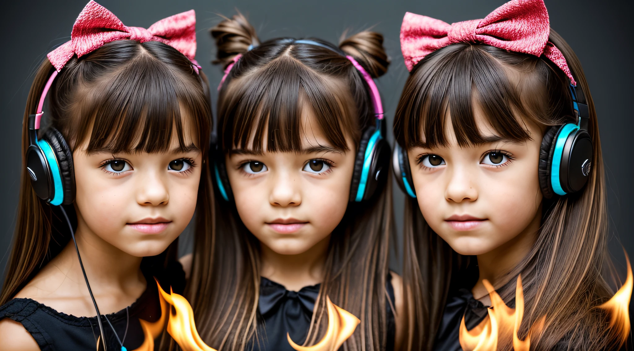 two girls with bows on their heads and one wearing a BLACK dress, HEADPHONES FIRE AND FIRE. gemini twins portrait, beautiful gemini twins, foto de retrato em close-up, childrens, s fofas, childrens, Looks doces, Beautiful girls, Gorgeous features, dois penteados pigtails, Retrato CloseUp, twins, Duas meninaotada, lindo bonito, faixa de cabelo AMARELO,