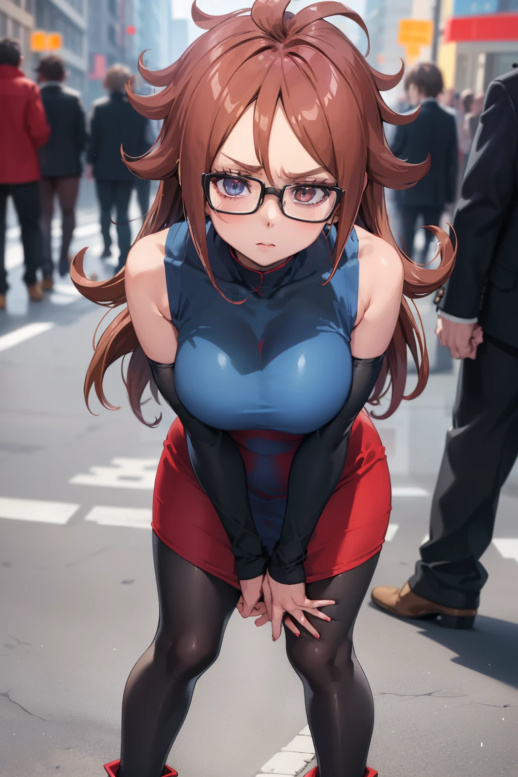 masutepiece, Best Quality, defa21, Glasses, check dress, arm warmer, Black pantyhose, asymmetric boots, Standing, City Street, Looking at Viewer, furrowed brow, Large breasts, Leaning forward, hands on own knees