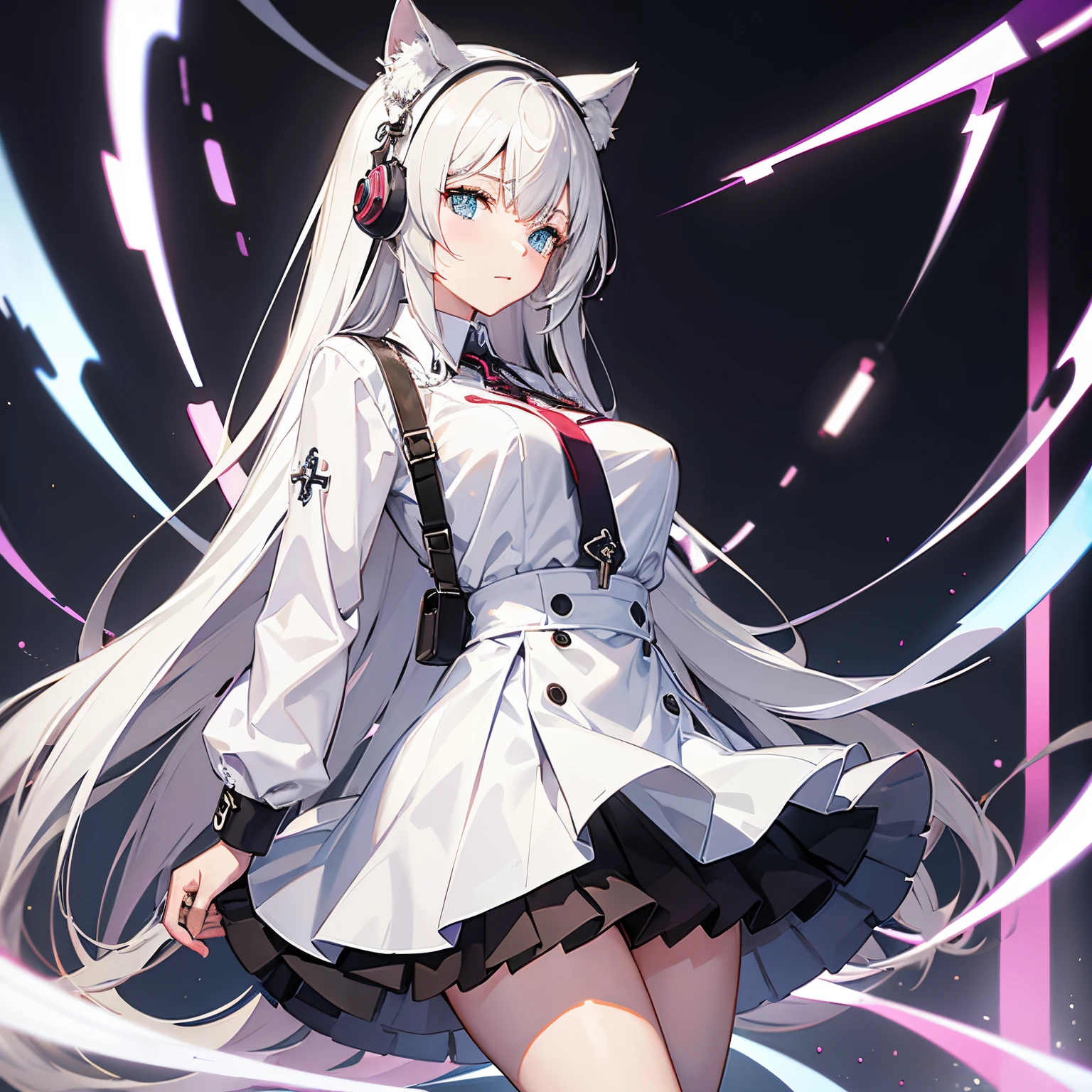 "anime girl, 1 person, silver white hair tied on both sides, light pink purple eyes, wearing cat ear headphones, female shirt, female school uniform, tie, black miniskirt, big breasts, tights, standing cross-legged, side view, (full HD 4K+ image)"