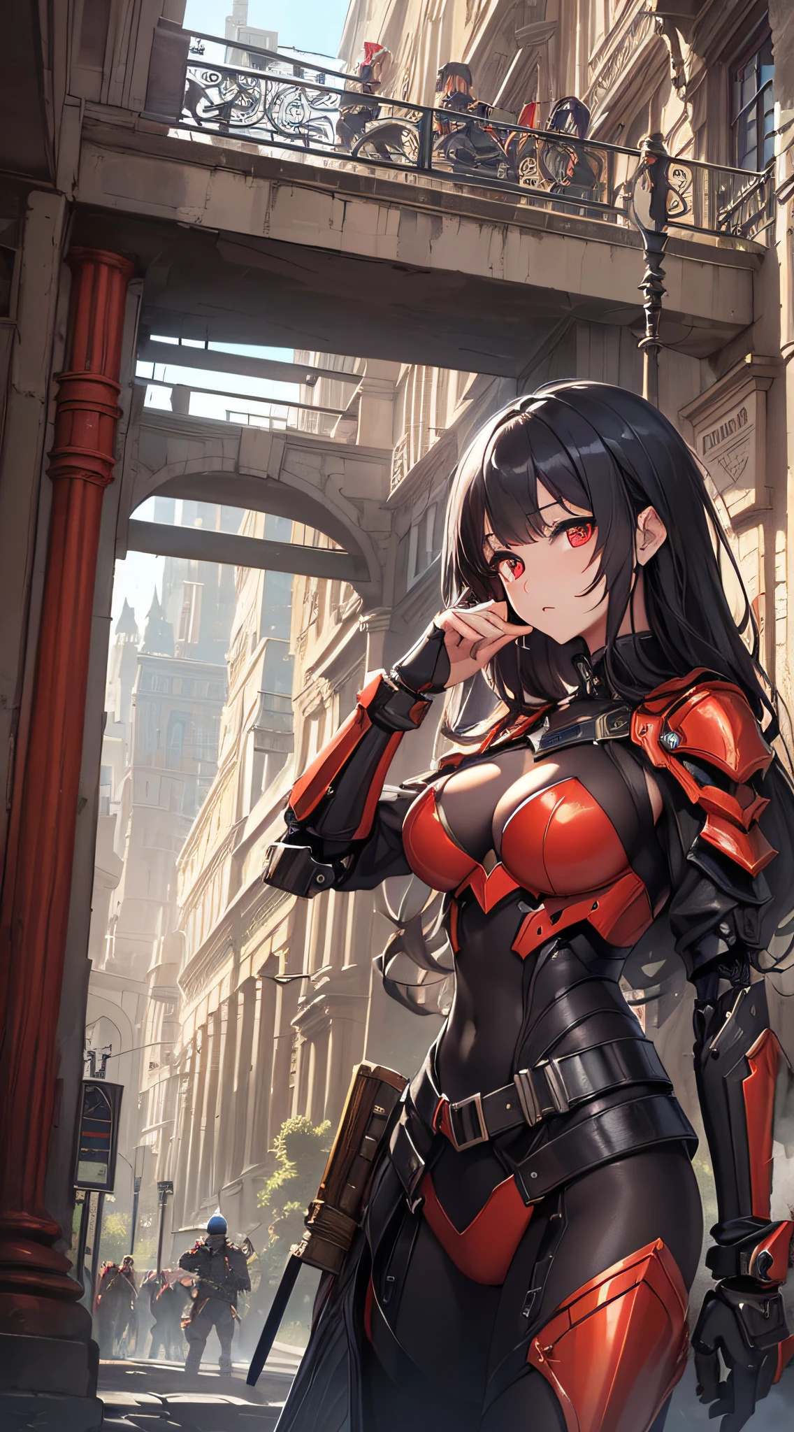 top-quality、Top image quality、masterpiece、girl with((red and black mechanical body armor、Brown skin、Shining red body line、、teen ager、cute lit Bust、big bast,Beautiful shining red eyes、Breasts wide open, Black hair、Red mechanical wing,Longhaire、A slender,Large valleys、belligerent movements,machine gun arm、sword arm)),hiquality、Beautiful Art、Background with((Midnight City、Pillar of fire、Cities of London)))、,masutepiece、depth of fields,Cinematic style