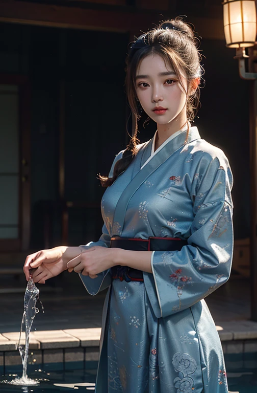 (absurderes, hight resolution, ultra-detailliert)(masutepiece), (very intricate:1.3), (Realistic),Cinematic lighting,4K,(masutepiece),Dreamy,Cinematic,ukiyoe painting,
1girl in,Solo Male,Hanfu,chinese clothes,Blue Dress,long-one-piece dress,Gong-gongsi, Water,Cast Magic, Casting the magic of water,Water polo on the hand,