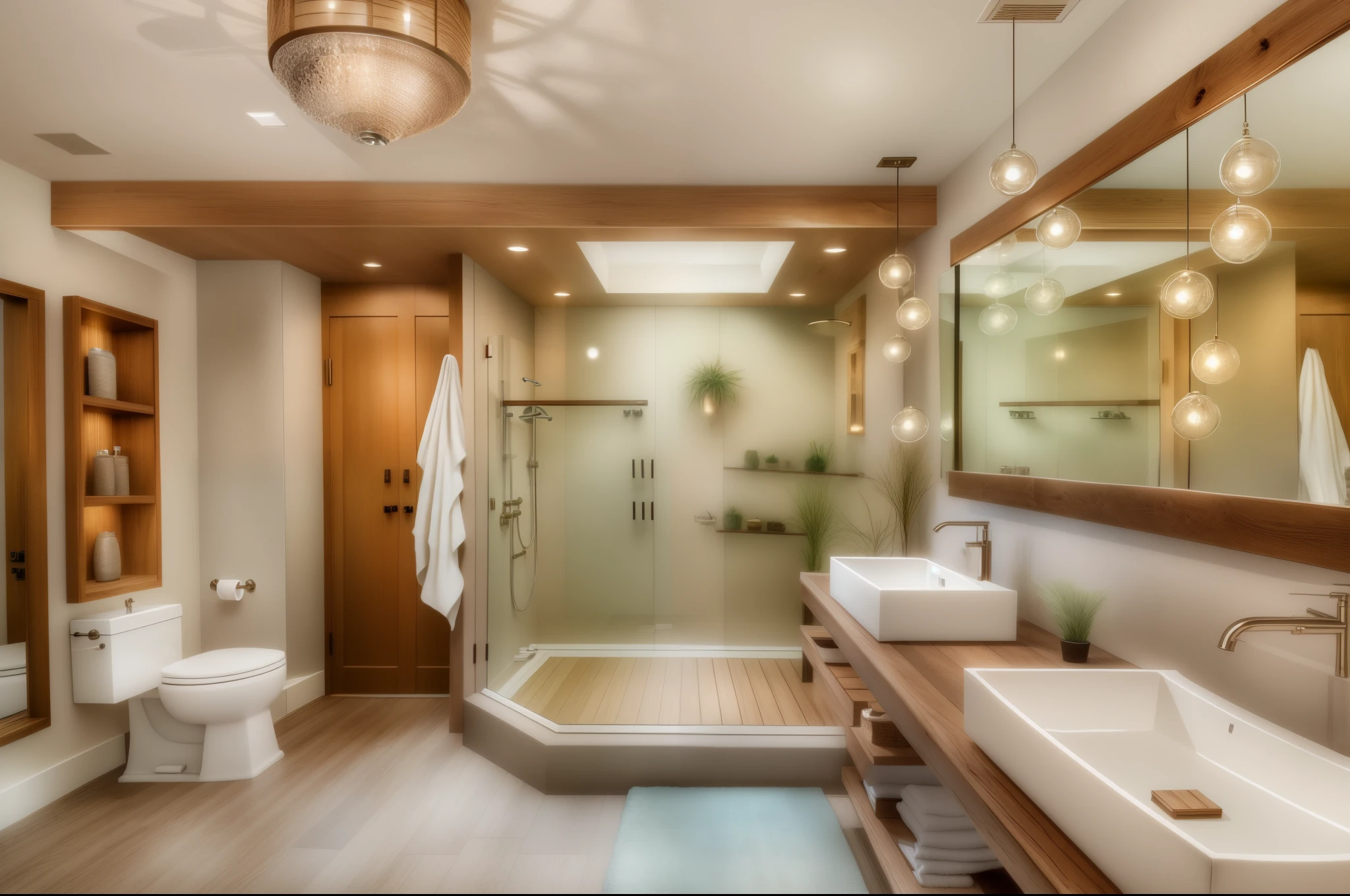 a bathroom with a large mirror and a wooden vanity, premium bathroom design, modern bathroom, wood accents, filled with natural light, elegant style, modern rustic, functional and elegant look, elegant design, warm natural lighting, mirror and glass surfaces, modern earthy neutral earthy, clean lines, with backdrop of natural light, pristine and clean design, in bathroom
