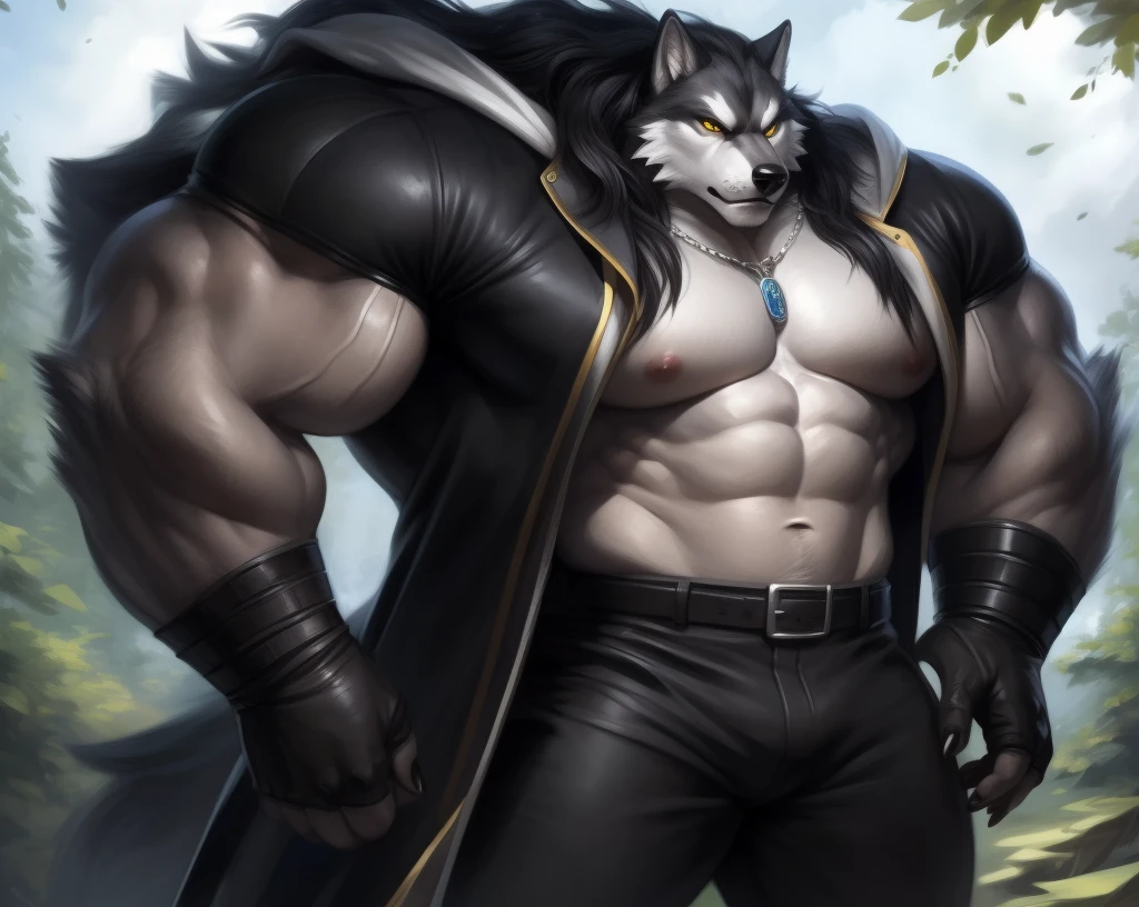 upload on e621, by Pino Daeni, Masterpiece, best quality, ultra high res, 4K, 8k HD, 2D, perfect anatomy, digital art, official art, extreme detailed, ultra detailed, strapsanime, color, soft shading, sharp focus, forest woods background, powered up silver thunder aura both arms, 1boy, dark black body fur, silver belly, detailed fluffy fur, ultra detailed face, detailed eyes, detailed iris eyes, detailed yellow eyes, white sclera, black pupils, navel, abs, bare pectoral, black claw nails, furry wolf male, mature male, dark black huge bulky muscular body fur, canid, huge muscles, hyper muscles, huge pecs, huge biceps, canine, canis, mammal, powerful wolf god, wolf male, fierce face, serious expression, badass, wolf anthro, solo, standing, wearing full complete sleeveless long black and silver coat/jacket, black and silver full complete sleeveless long coat/jacket, shirtless, dark black longest hair, dark black longest back fur hair, dark black longest hair fur front lay on pecs, hair color match his fur color, perfect fingers, dark black hands and fingers, wearing fingerless black gloves, black gloves, one black armbands on biceps, three black armbands on forearms, one silver moon, large black prayer beads necklace with silver moon teardrop pendant attached to prayer beads necklace rest on his tuft pecs, dark black and silver underside long tail, black long pants with silver designs with belt straps on leg