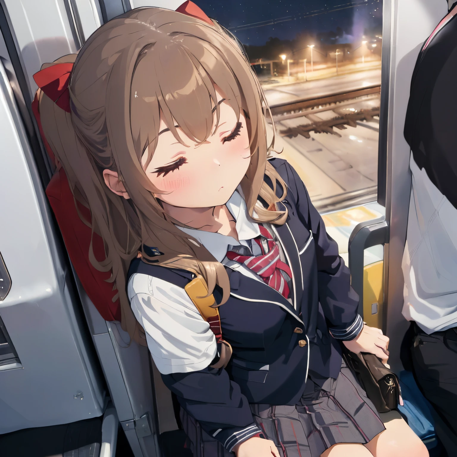 ((On the train at night)),Last train,fluffy hair,Long hair with voluminous curls,Light brown,(a large ribbon on the head),((Sitting on a train chair)),(Sleep while holding your student bag),((Blazer type school uniforms)),((Sleep with your head tilted and your eyes closed)),(Lean your body and rest on the shoulder of the middle-aged man next to you....),Slight red tide,((Inner Stock)),(Ankle Socks),((super close up face)),((Perspective from above)),((Male POV))