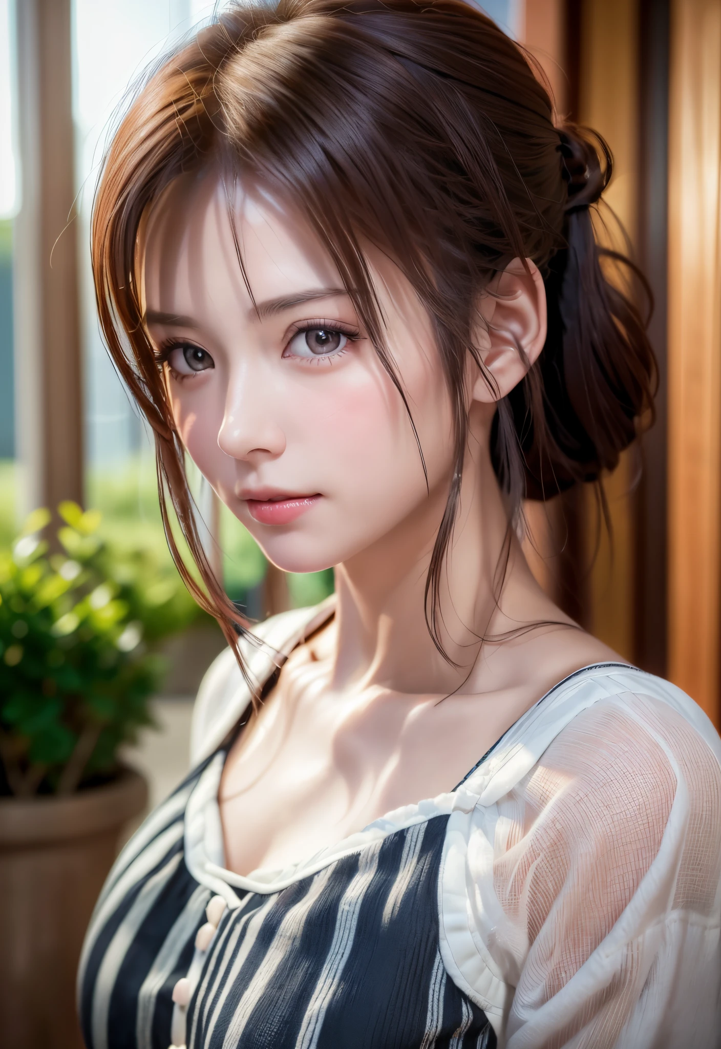 8K, of the highest quality, masutepiece:1.2), (Realistic, Photorealsitic:1.37), of the highest quality, masutepiece, Beautiful young woman, Pensive expression,、A charming、and an inviting look, Cute Maid Clothes, Hair tied back, Cinematic background, Light skin tone