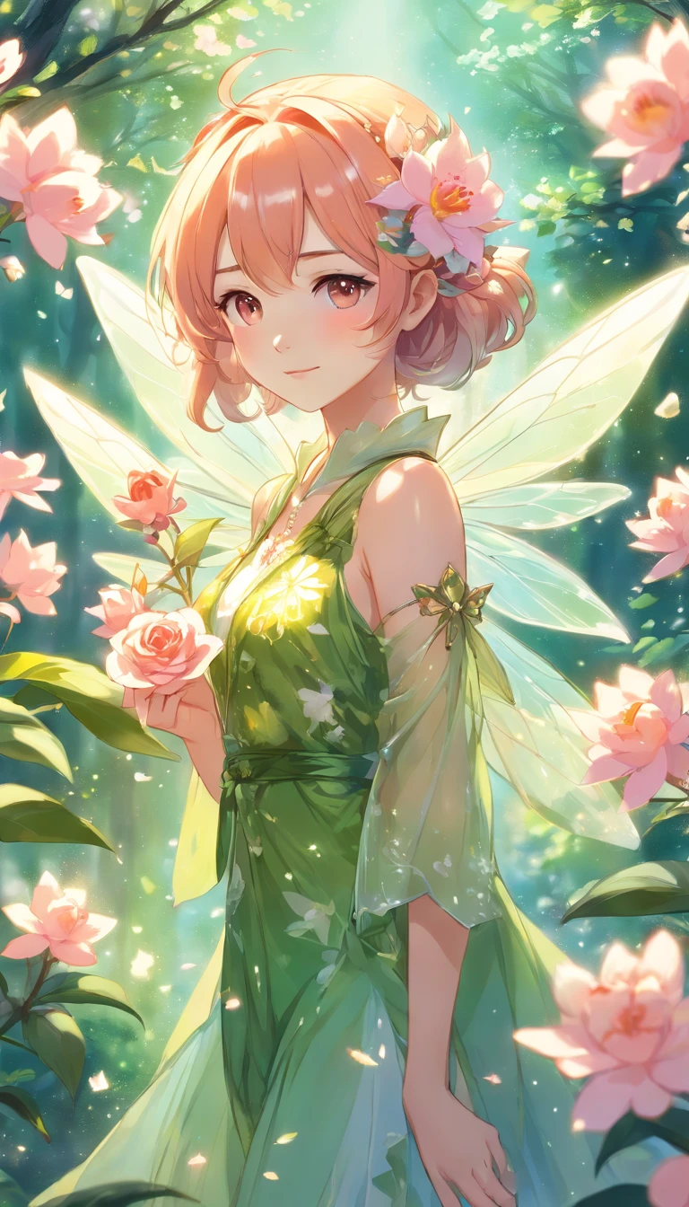 Fairy drawing with rose in hand,Transparent and light wings like cicada wings,Skin is shiny and shiny,Barot style classical garden,bird's eyes view,concept-art,Skysky,study of a flower fairy, fairy aesthetics, space flower fairy, the elf, portrait of a fairy, portrait of a fairy, Smile like a fairy queen, fairy queen, beautiful fairie, the non-binary deity of spring, fairy queen, Elf girl in floral suit, fairytale-like,peach blossom, SakuraNS, an orchid flower, hyacinth, clubs, rosette
