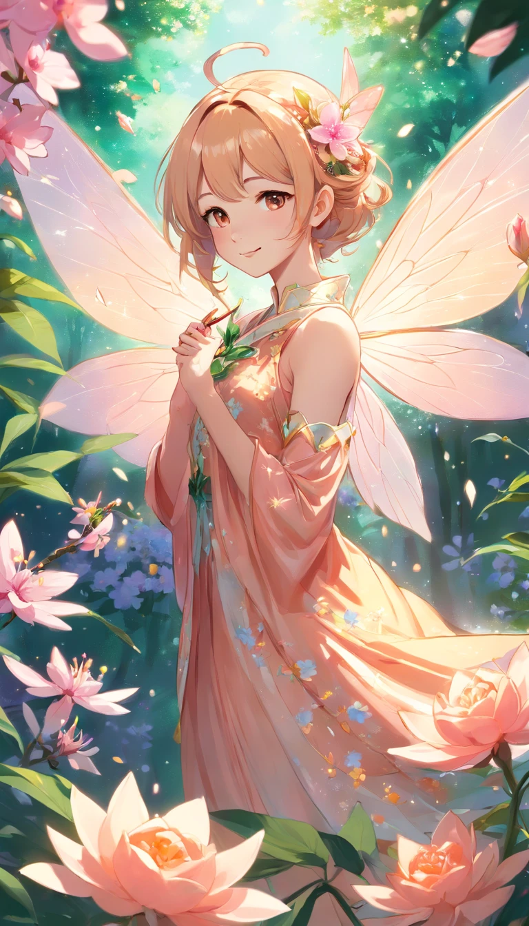 Fairy drawing with rose in hand,Transparent and light wings like cicada wings,Skin is shiny and shiny,Barot style classical garden,bird's eyes view,concept-art,Skysky,study of a flower fairy, fairy aesthetics, space flower fairy, the elf, portrait of a fairy, portrait of a fairy, Smile like a fairy queen, fairy queen, beautiful fairie, the non-binary deity of spring, fairy queen, Elf girl in floral suit, fairytale-like,peach blossom, SakuraNS, an orchid flower, hyacinth, clubs, rosette