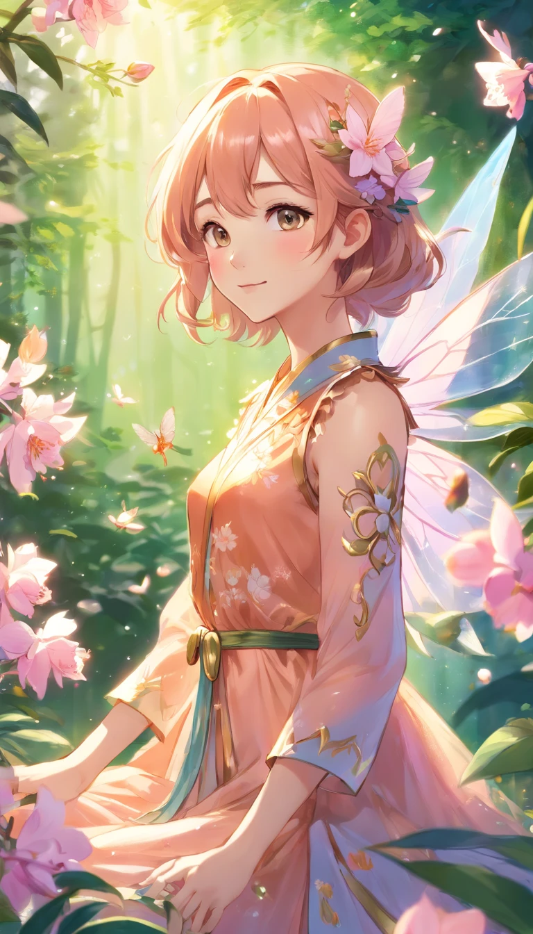 Fairy drawing with rose in hand,Transparent and light wings like cicada wings,Skin is shiny and shiny,Barot style classical garden,bird's eyes view,concept-art,Skysky,study of a flower fairy, fairy aesthetics, space flower fairy, the elf, portrait of a fairy, portrait of a fairy, Smile like a fairy queen, fairy queen, beautiful fairie, the non-binary deity of spring, fairy queen, Elf girl in floral suit, fairytale-like,peach blossom, SakuraNS, an orchid flower, hyacinth, clubs, rosette