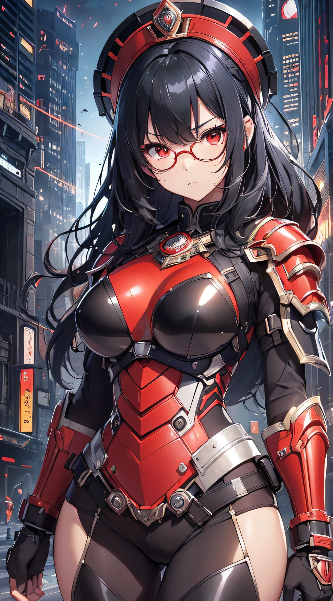 top-quality、Top image quality、masterpiece、girl with((red and black mechanical body armor、Brown skin、Shining red body line、、teen ager、cute lit Bust、big bast,Beautiful shining red eyes、Breasts wide open, Black hair、Black sunglasses、Longhaire、A slender,Large valleys、belligerent movements,hand gun equipment)),hiquality、Beautiful Art、Background with((Midnight City、Pillar of fire、Cities in London)))、,masutepiece、depth of fields,Cinematic style