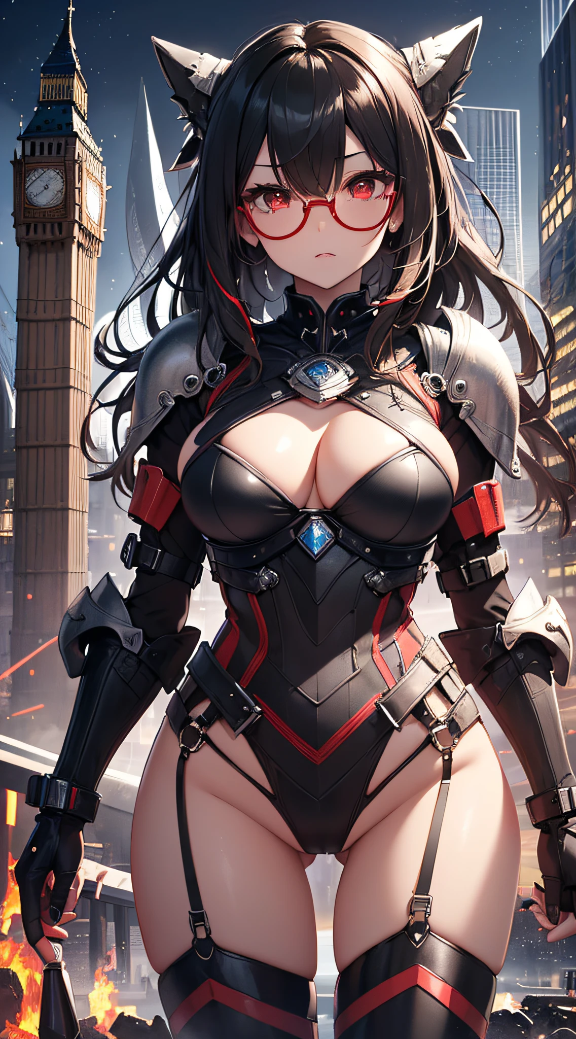 top-quality、Top image quality、masterpiece、girl with((red and black mechanical body armor、Brown skin、Shining red body line、sixteen years old、 ager、cute little、Best Bust、big bast,Beautiful shining red eyes、Breasts wide open, Black hair、Black sunglasses、Longhaire、A slender,Large valleys、belligerent movements,hand gun equipment)),hiquality、Beautiful Art、Background with((Midnight City、Pillar of fire、Cities in London)))、,masutepiece、depth of fields,Cinematic style