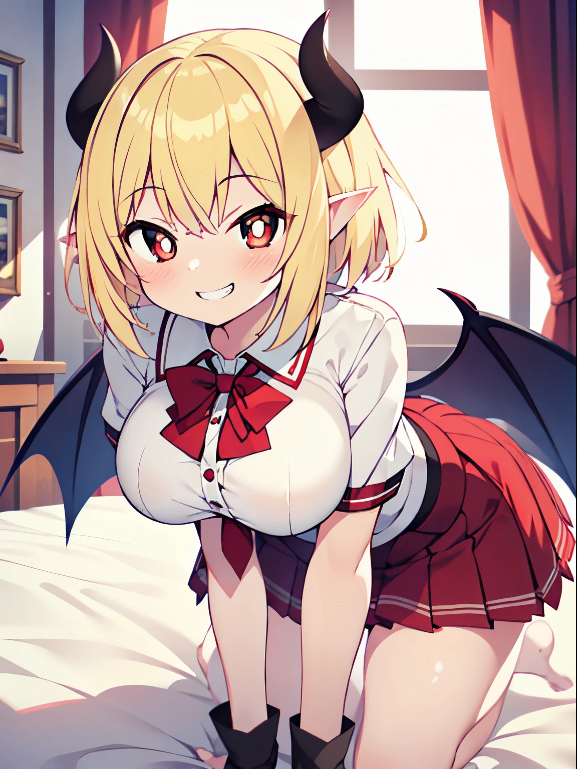 Front Focus, succubus, 1girl, solo, Best Quality, succubus school uniform, red clothes, layered skirts, short hair, blonde hair, shiny hair, white pupils, grin, smirk, big breasts, stylish pose, frilled dress, cute, devilish face, pointed ears, all fours, on bed,