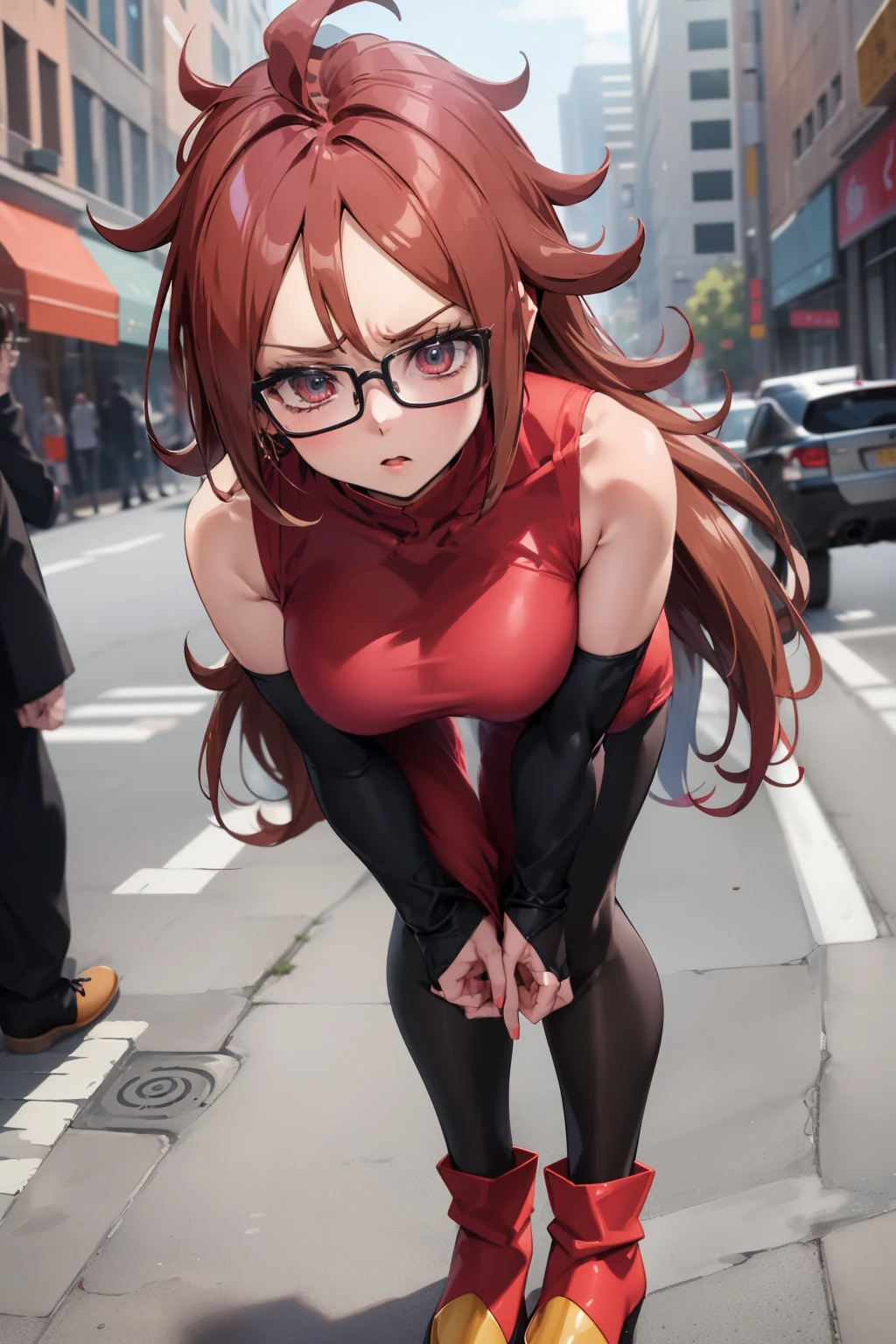 masutepiece, Best Quality, defa21, Glasses, check dress, arm warmer, Black pantyhose, asymmetric boots, Standing, City Street, Looking at Viewer, furrowed brow, Large breasts, Leaning forward, hands on own knees