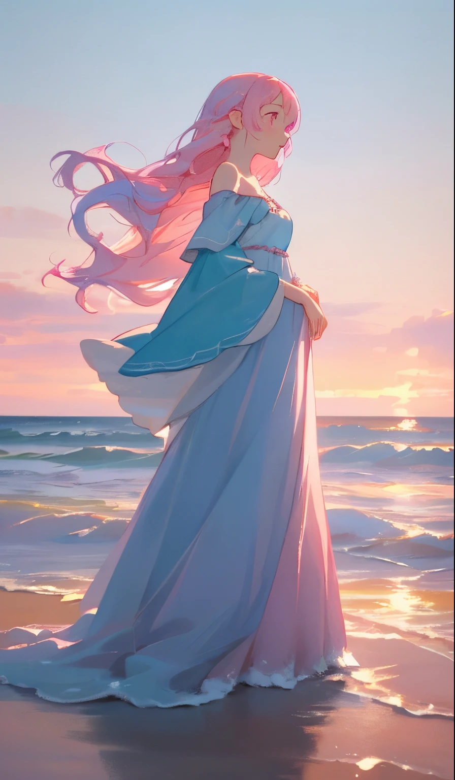 A woman standing alone wearing an off-shoulder dress, Light blue hair, Pink hair, Blue hair, Long hair, Sea background,early evening, illustration oil painting、Above the sea,pale pink eyes,