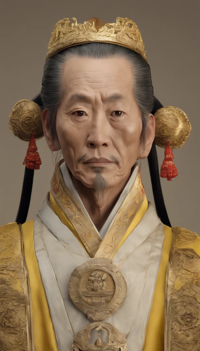 Chinese old man(southerner),Frontal portrait of ancient Chinese figures(Portrait of Emperor Xuanyuan 1.0),Close-up(close-up1.5),Audience visual inspection(facing at the camera),Heaven is full,Wide jaw,White haired man,hair-bun,no headwear,hair tying up。(Zhang Sanfeng)yellow clothing。solid color backdrop(Drawing paper texture 1.5)。真实感。hyper HD, retinas, tmasterpiece, Acura, Anatomically correct, Award-Awarded, high high quality, high detal, super detailing, ctextured skin, Best quality, A high resolution,k hd, 4K, 8K, 16k。