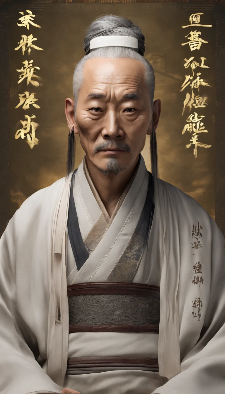Chinese old man(southerner),Frontal portrait of ancient Chinese figures(Portrait of Emperor Xuanyuan 1.0),Close-up(close-up1.5),Audience visual inspection(facing at the camera),Heaven is full,Wide jaw,White haired man,hair-bun,no headwear,hair tying up。(Zhang Sanfeng)yellow clothing。solid color backdrop(Drawing paper texture 1.5)。真实感。hyper HD, retinas, tmasterpiece, Acura, Anatomically correct, Award-Awarded, high high quality, high detal, super detailing, ctextured skin, Best quality, A high resolution,k hd, 4K, 8K, 16k。