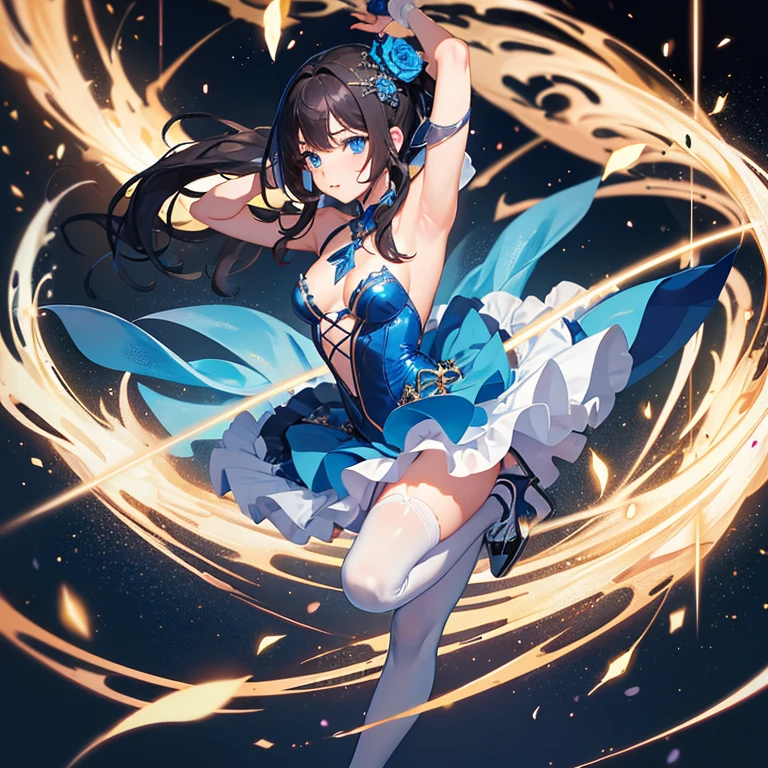 (Best Quality),(Top resolution),1girl in,skating,A dark-haired,poneyTail,Blue eyes,Delicate eyes,delicated face,Rose hair ornament,Blue Tutu,flesh-colored stockings,white figure skating shoes,spotlight on the background,Ice Stage,A world without anyone