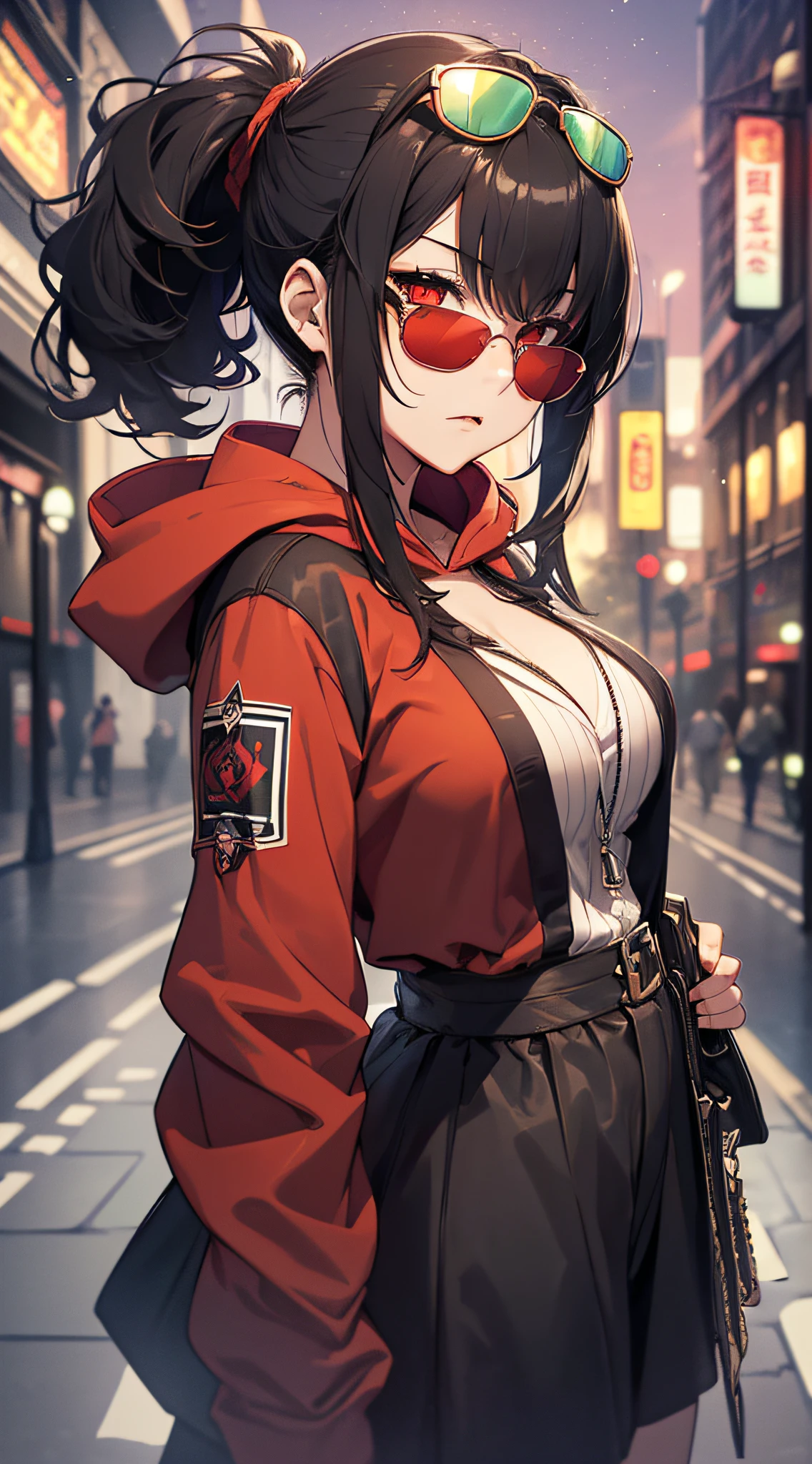 top-quality、Top image quality、masterpiece、girl with((Red and black hoodie、Brown skin、Shining red body line、sixteen years old、teen ager、cute little、Best Bust、big bast,Beautiful shining red eyes、Breasts wide open, Black hair、Red color sunglasses、Longhaire、A slender,Large valleys、belligerent movements,Batons)),hiquality、Beautiful Art、Background with((Midnight City、Pillar of fire、城市: London)))、,masutepiece、depth of fields,Cinematic style
