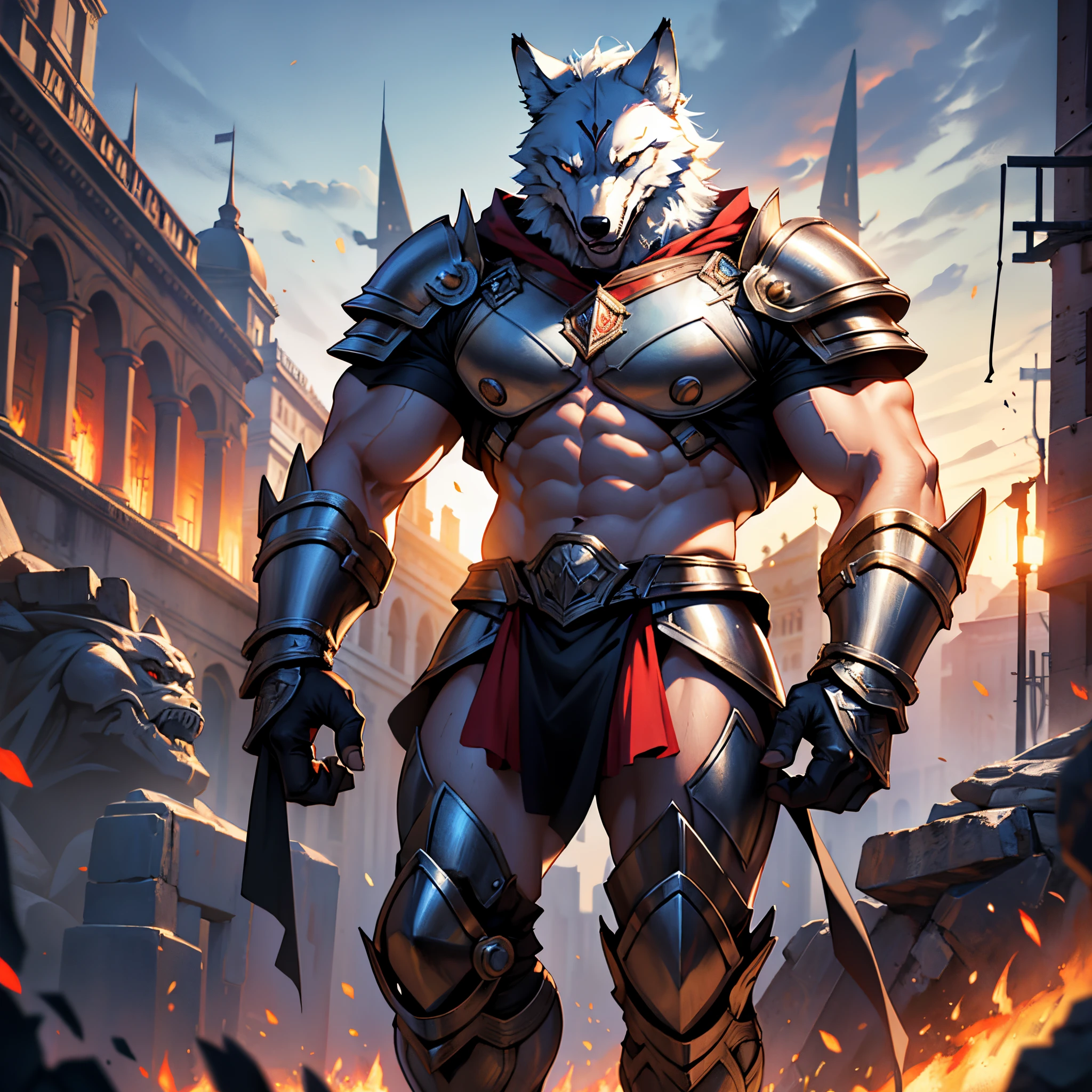 Mighty gladiator, Metal armor, Naked legs from thighs to feet, wolf mask, Detailed muscular physique, vivid description, 4k resolution. Background with: burning rome night, Best Quality, Masterpiece, super detaill, high detailed